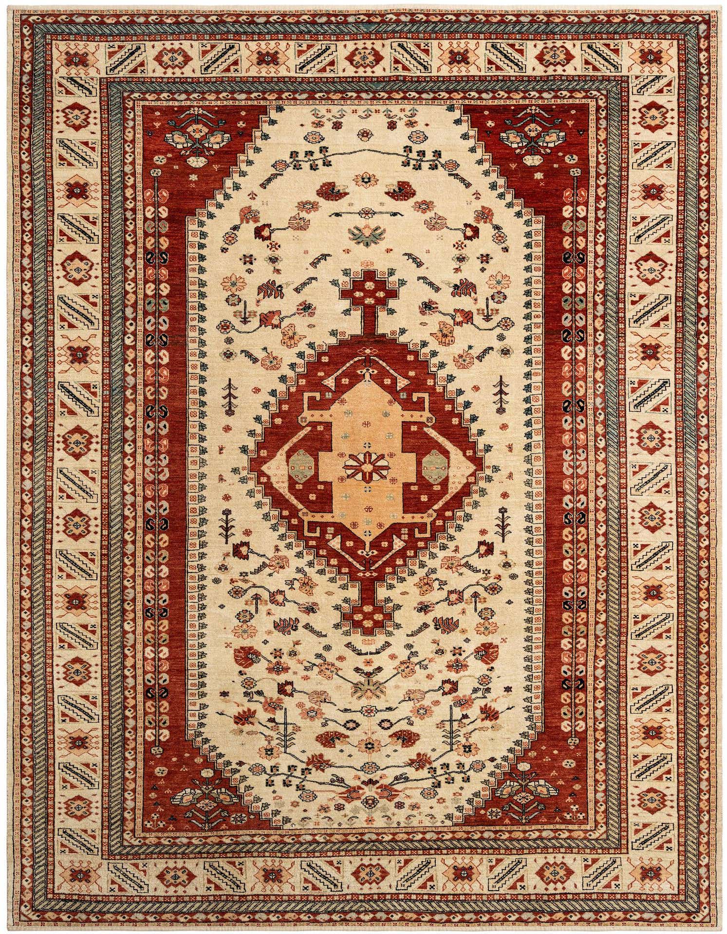 A rectangular handmade Persian rug with an ivory field and a large central medallion in shades of red, orange, and blue, surrounded by intricate floral and geometric patterns.