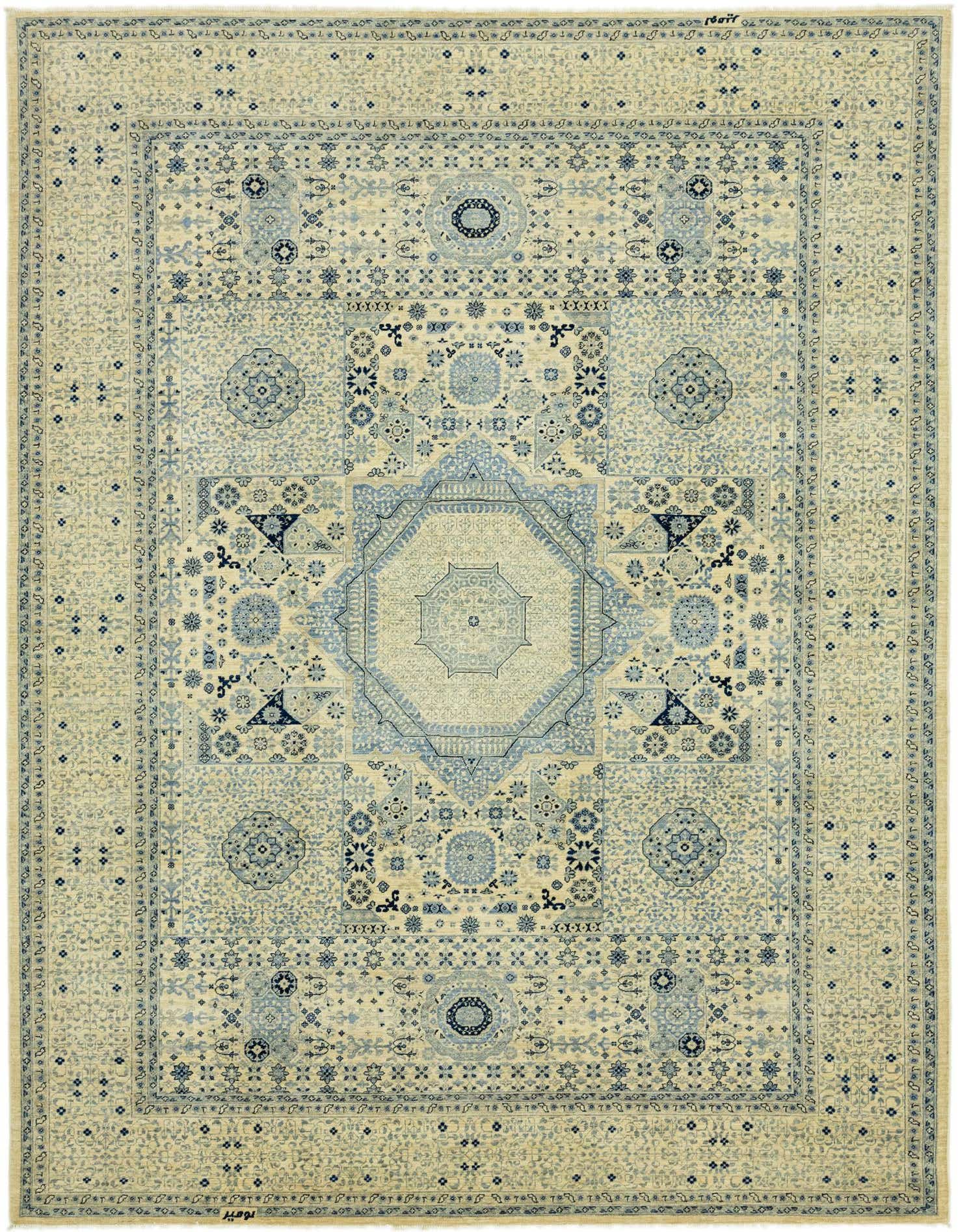 An 8x11 rectangular Mamluk Ziegler rug featuring an intricate traditional medallion pattern in shades of ivory and light blue.