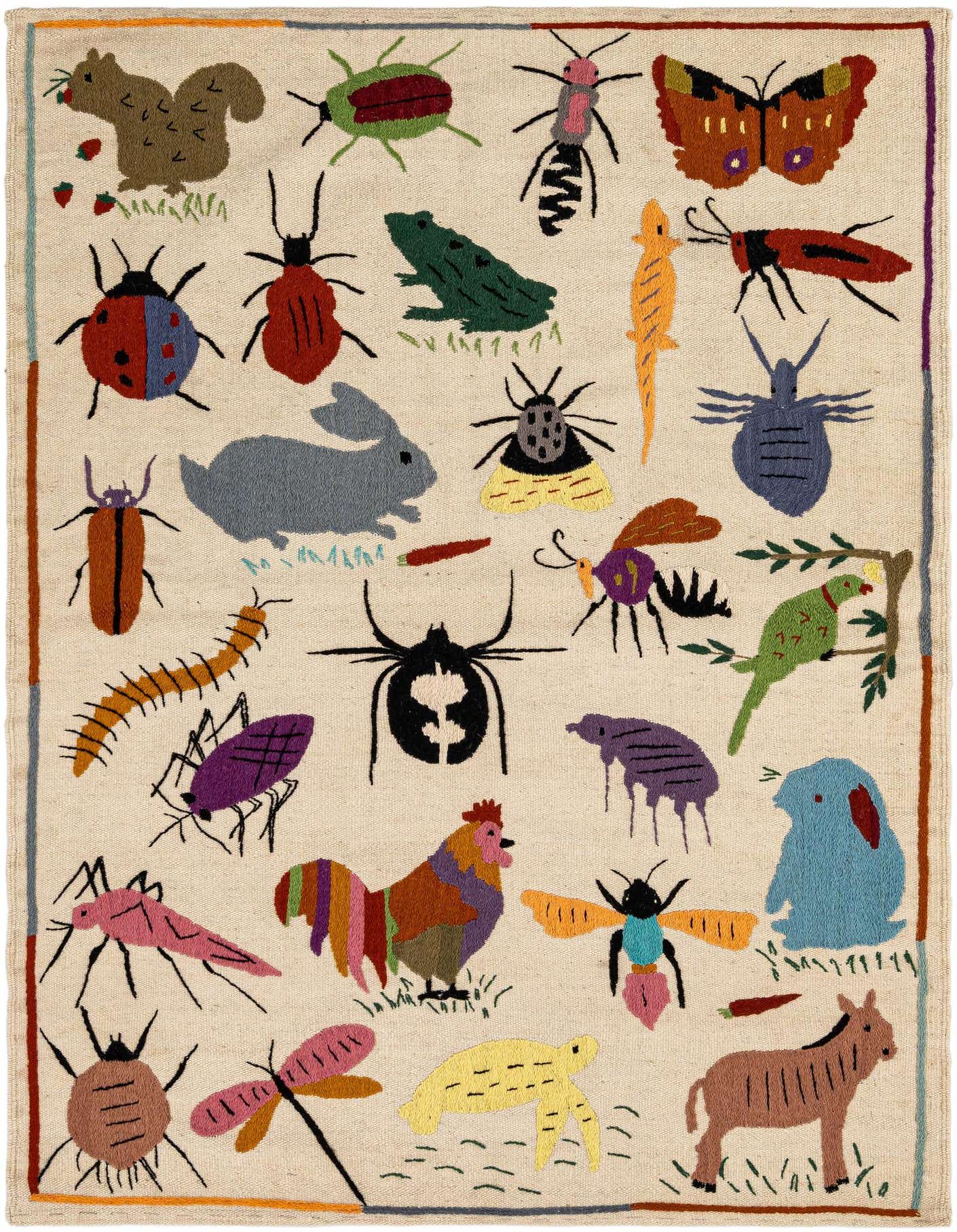 A rectangular, ivory flatweave rug featuring colorful, whimsical embroidered animals and insects, including a squirrel, frog, butterfly, rabbit, rooster, and spider.