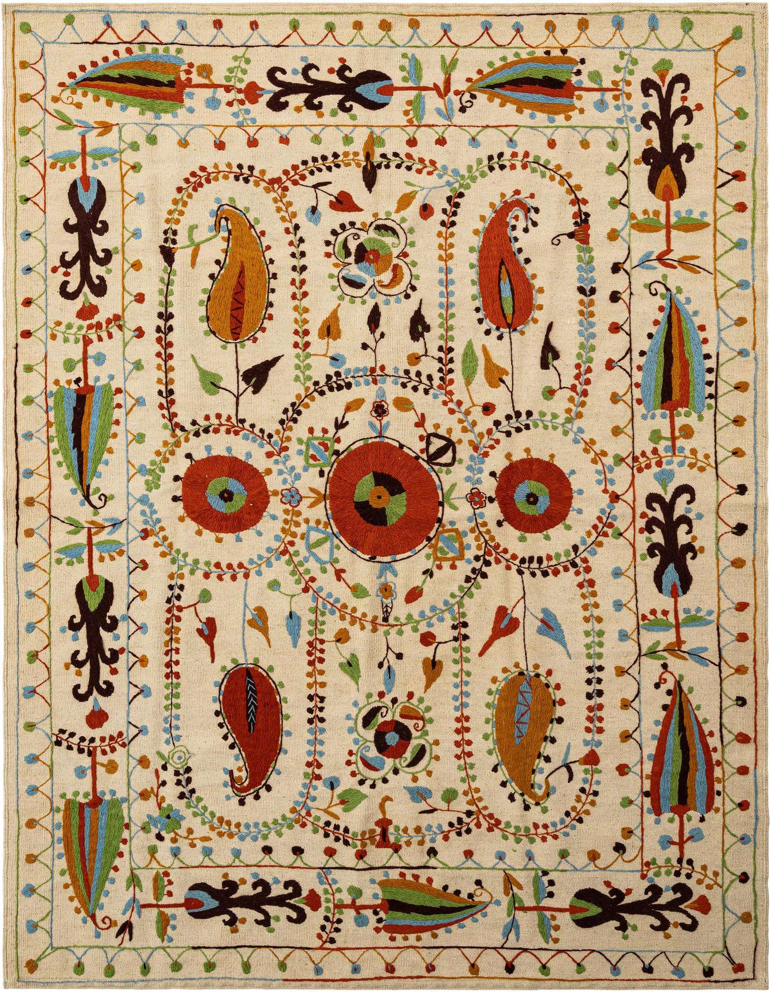 Handmade rectangular ivory wool rug with a vibrant Persian tribal pattern featuring colorful paisley, floral, and leaf motifs.