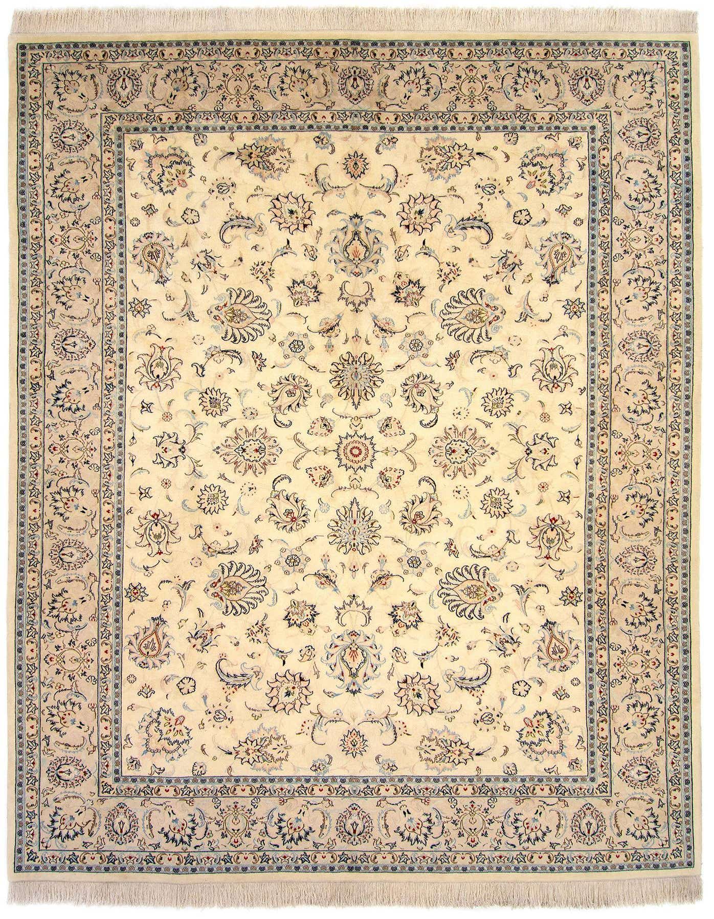 A 10x13 rectangular ivory Persian rug with intricate floral and paisley patterns in muted blues and creams, featuring a detailed border.