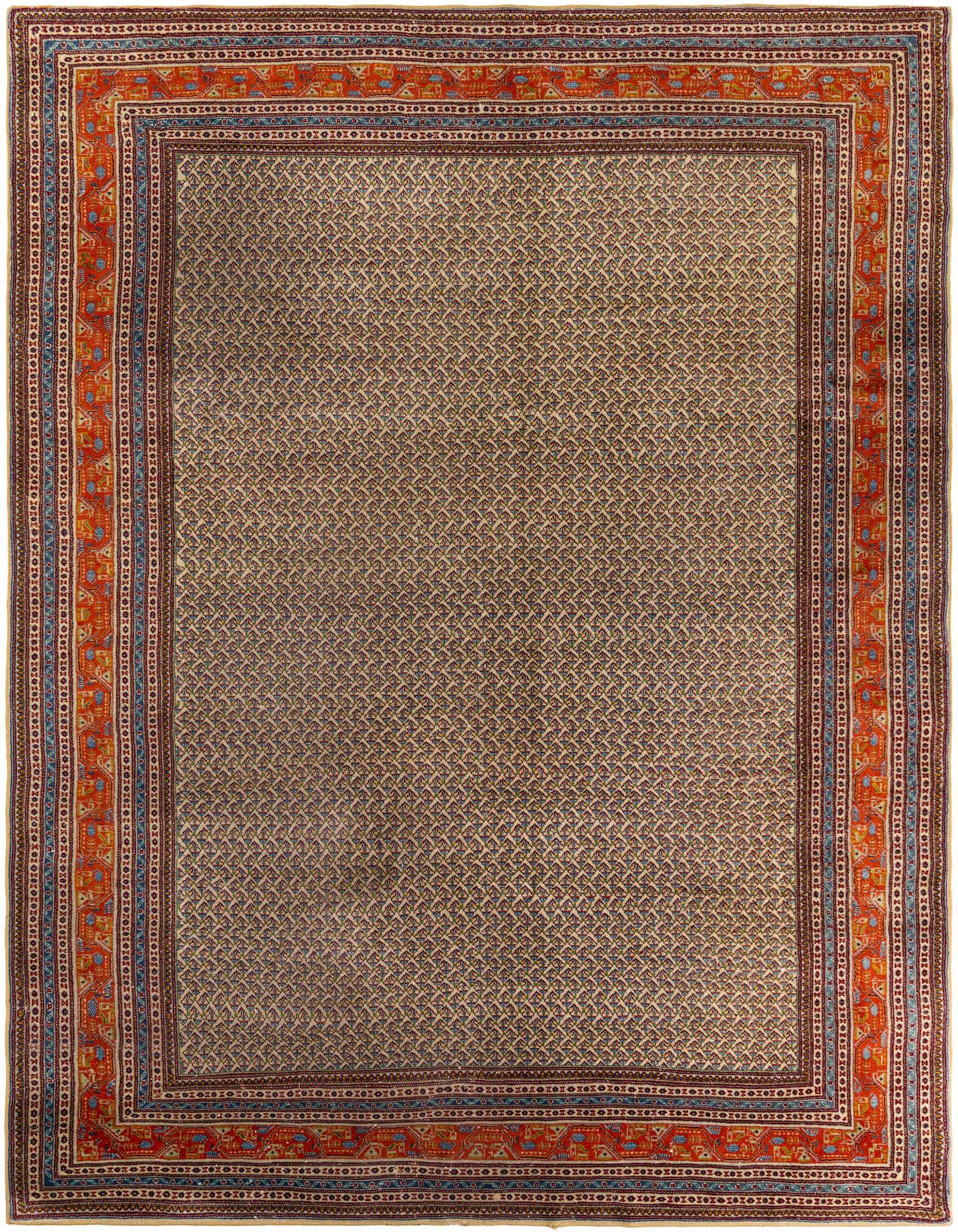 An 8x11 rectangular ivory wool rug with a subtle geometric pattern and a bold orange and blue oriental border.