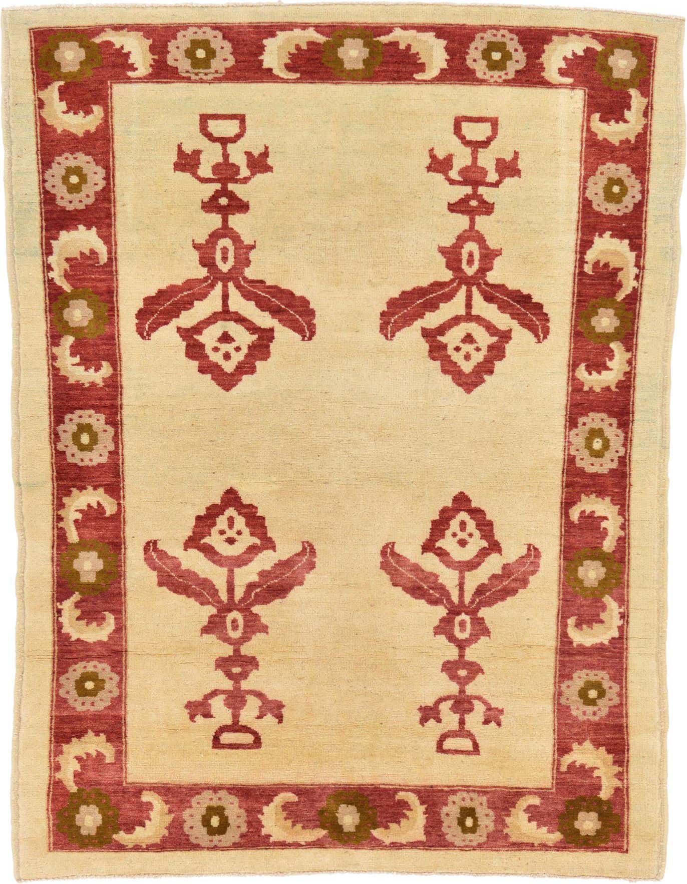 A 4x6 rectangular ivory Modern Ziegler rug with a thin pile. It features a red border with floral motifs and four large red tribal medallions in the center.