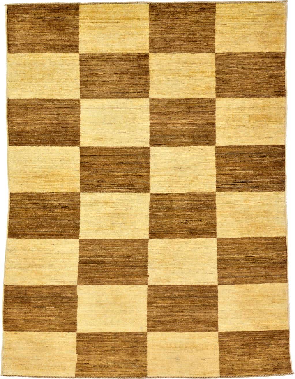A 4x6 rectangular Modern Ziegler rug featuring a checkerboard pattern in natural ivory and brown tones, handmade from wool.