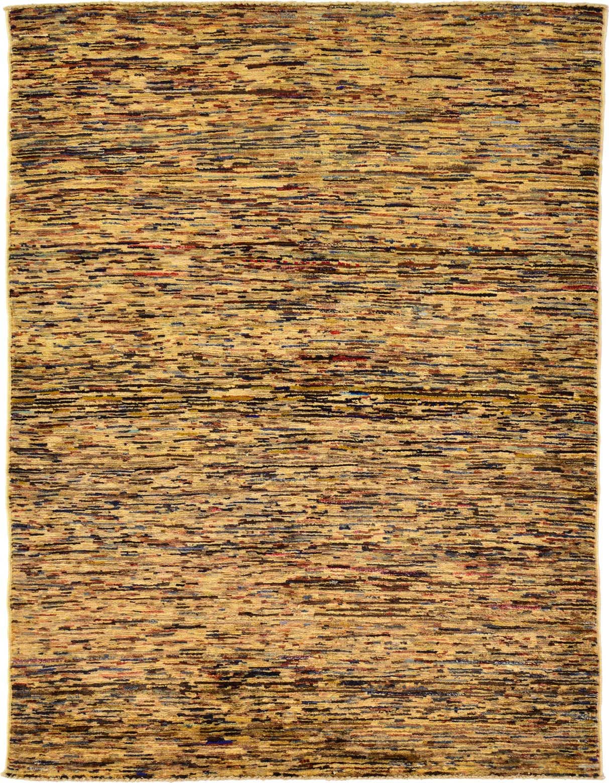A 3x5 rectangular Modern Ziegler rug featuring an ivory background with horizontal stripes of various colors, including blues, reds, and browns.