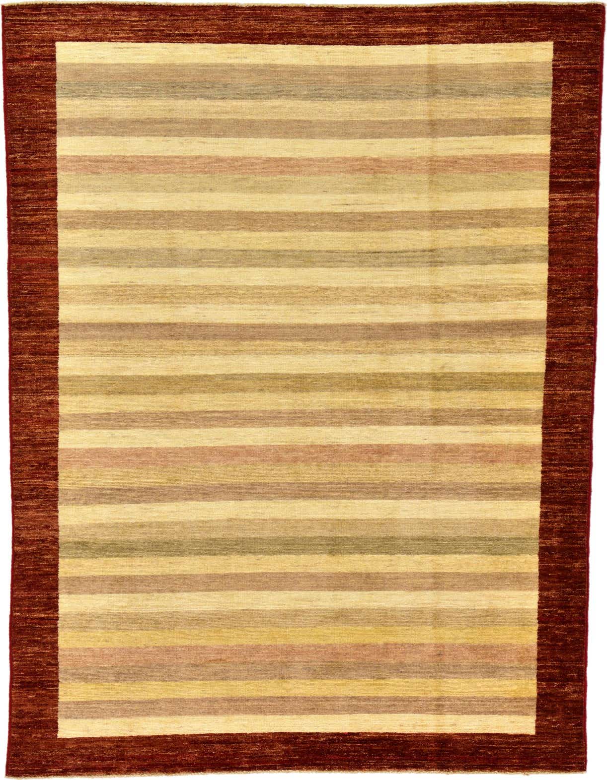 A 4x6 rectangular Modern Ziegler rug featuring a wide ivory and cream striped pattern with a rich reddish-brown border.