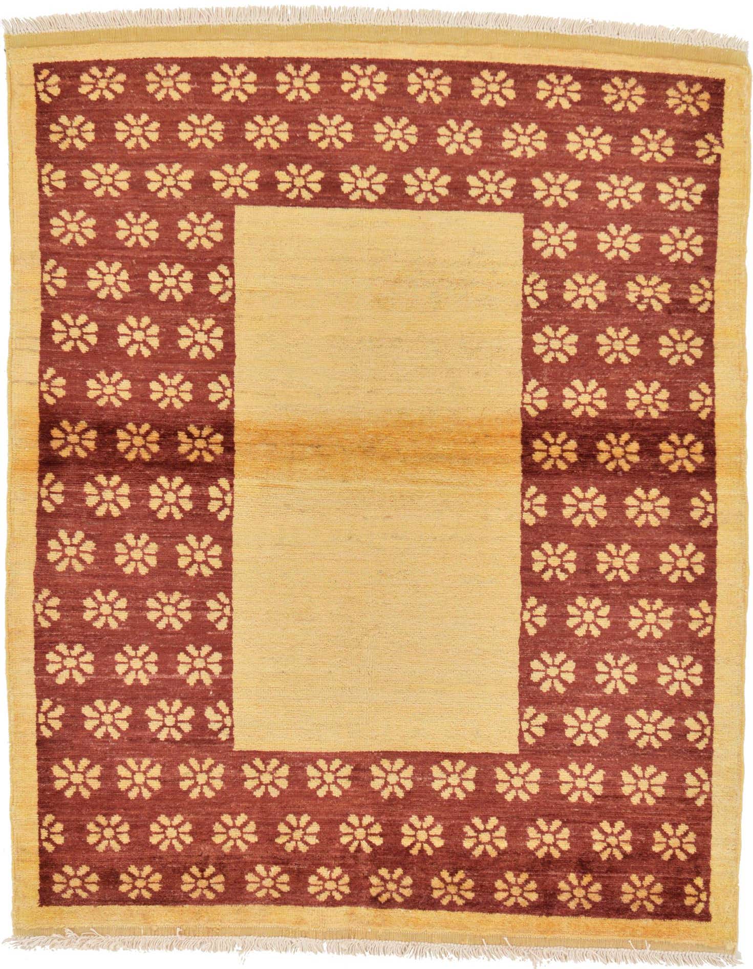 A 4x6 rectangular ivory and red botanical rug. The central ivory field is bordered by a rich red band with repeating ivory floral motifs.
