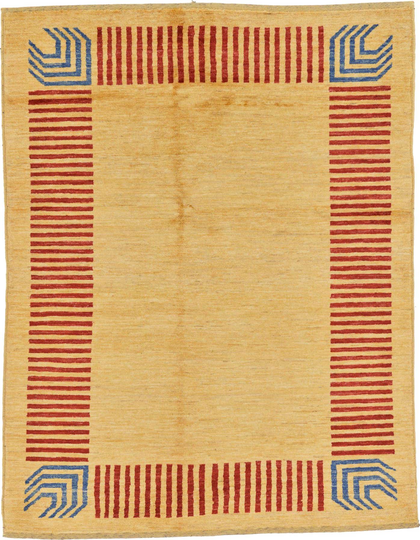A 4x6 rectangular ivory Modern Ziegler rug with a tribal border of red vertical stripes and blue geometric corner accents.