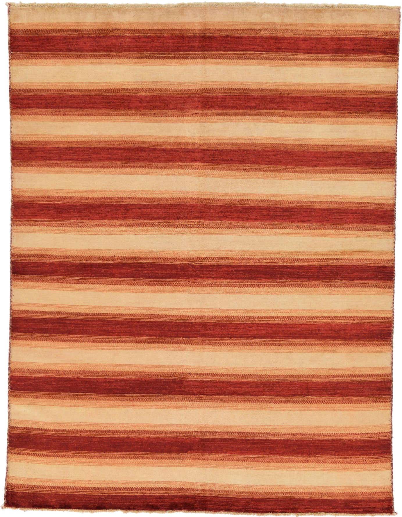 A rectangular 5x8 Modern Ziegler rug featuring horizontal stripes in varying shades of ivory, cream, and reddish-brown.