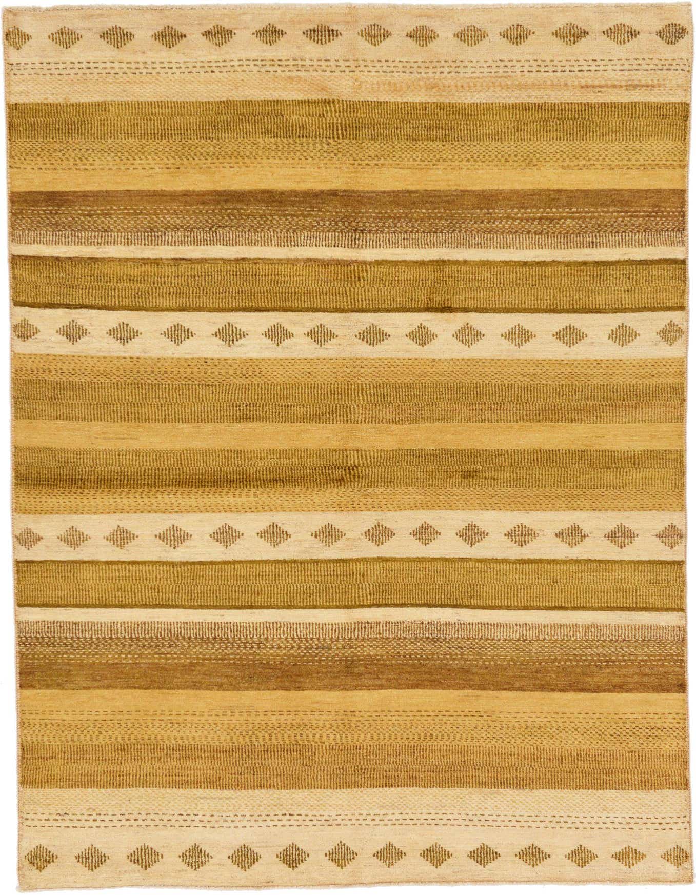 A 6x9 rectangular Modern Ziegler rug featuring horizontal stripes in varying shades of ivory and cream, with tribal diamond patterns.