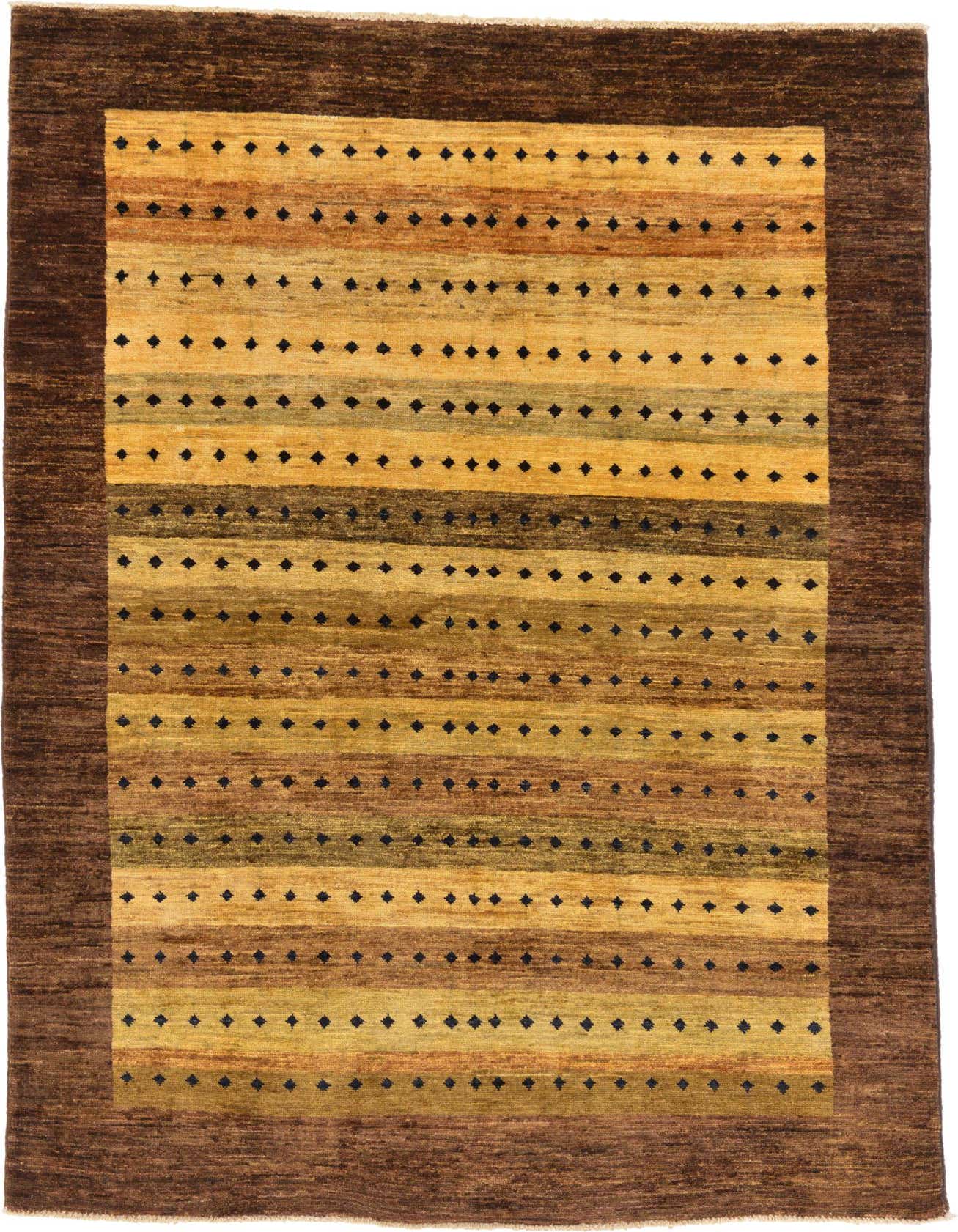 A 4x6 rectangular Southwestern rug featuring horizontal stripes in varying shades of ivory, cream, and brown, with small black diamond patterns, framed by a solid dark brown border.