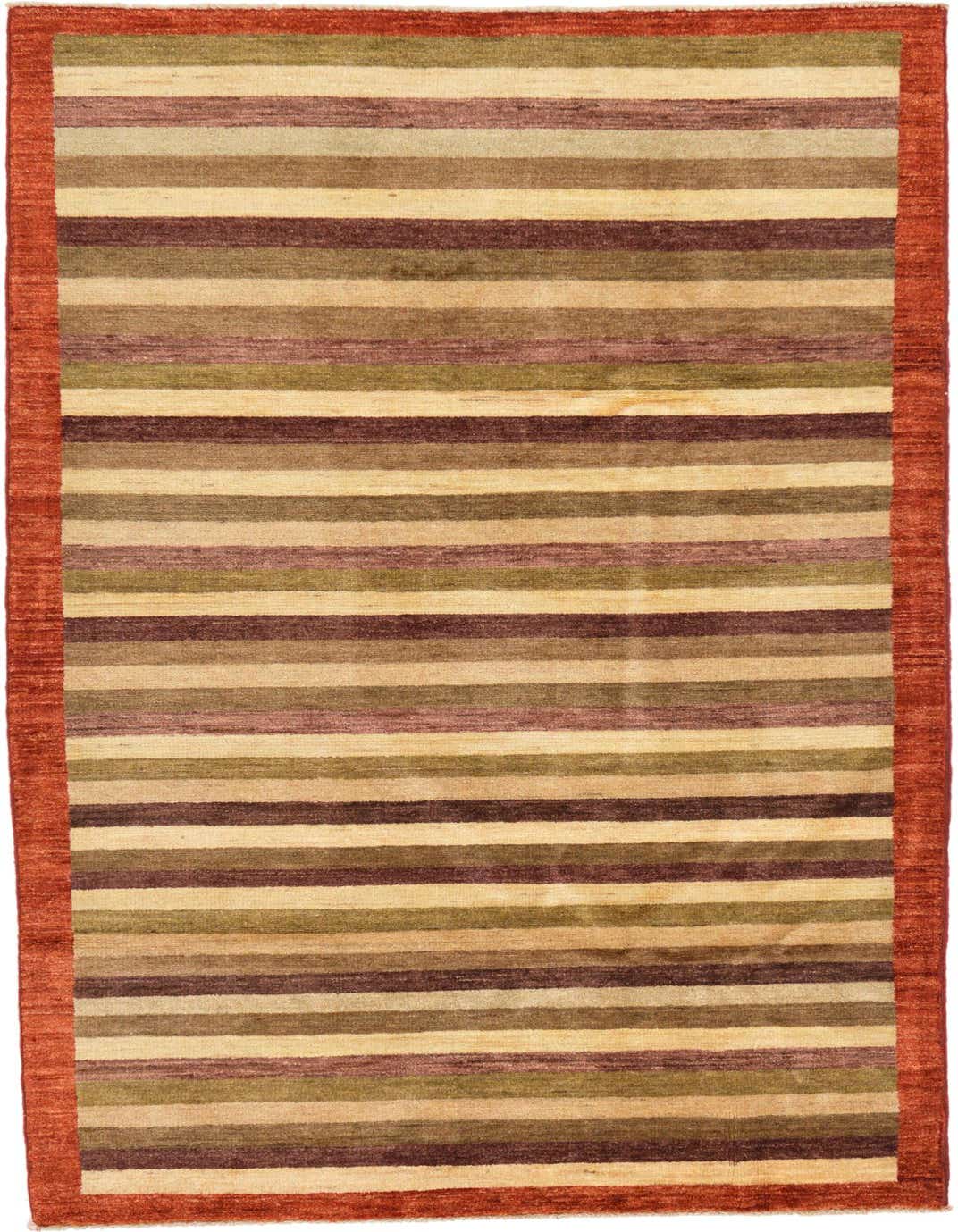 A 4x6 rectangular Modern Ziegler rug featuring horizontal stripes in varying shades of cream, brown, green, and purple, framed by a solid rust-orange border.