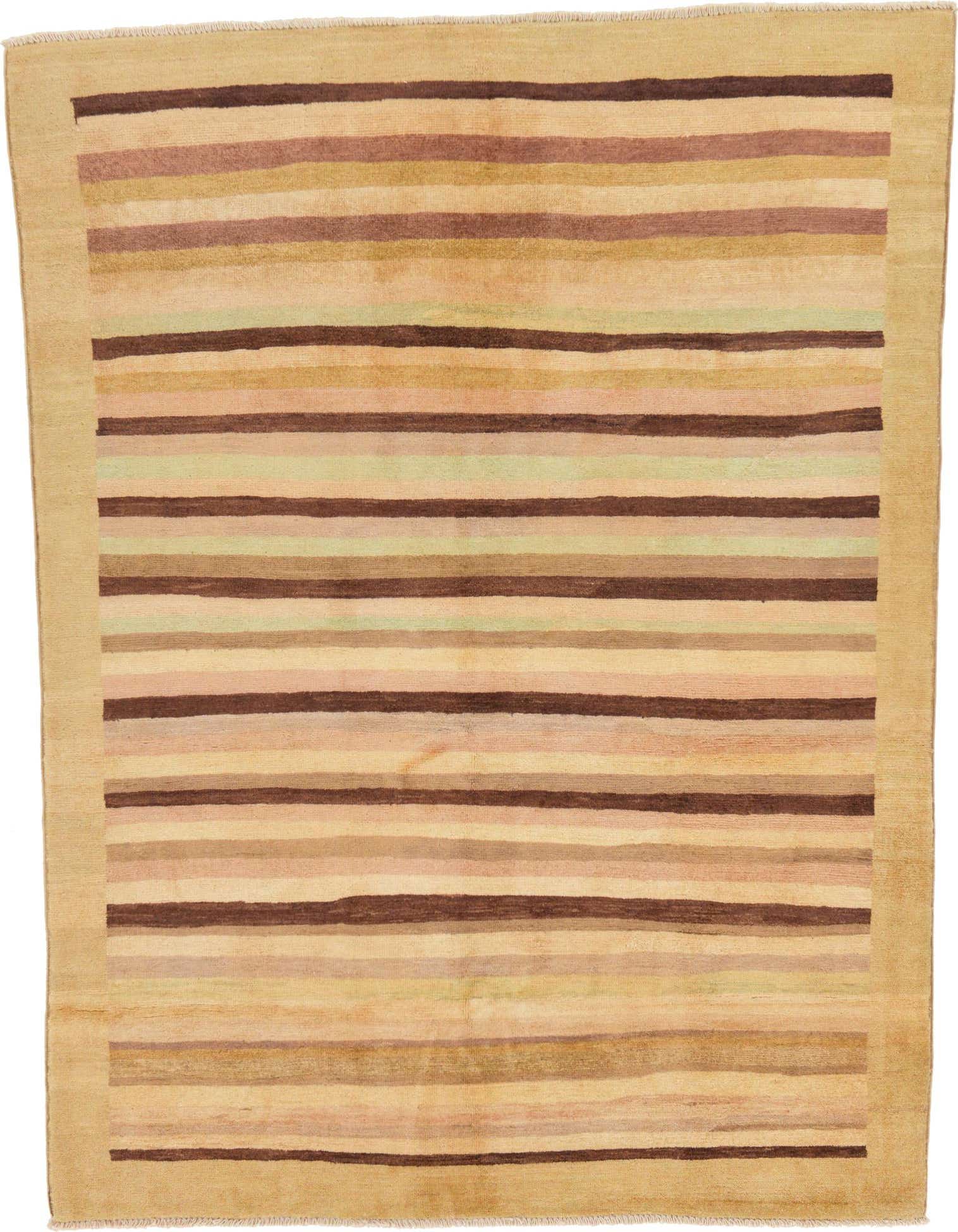 A 4x6 rectangular Modern Ziegler rug featuring horizontal stripes in varying shades of ivory, cream, and brown, with a solid cream border.