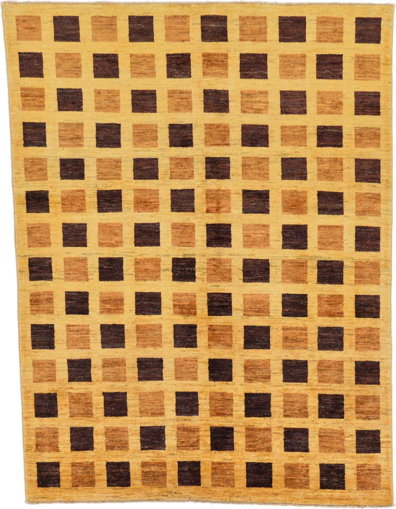 A 4x6 rectangular indoor rug with a modern geometric pattern of alternating ivory, light brown, and dark brown squares.