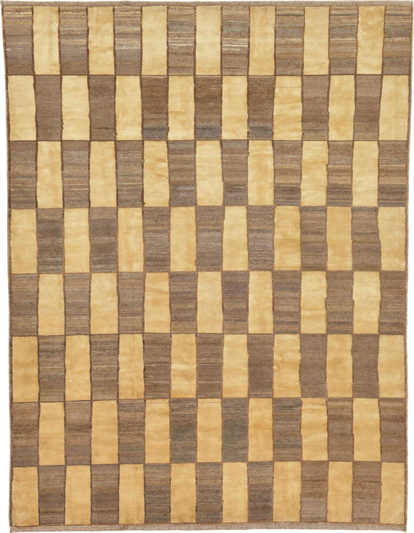 A 6x9 rectangular Modern Ziegler rug featuring a tribal stripe pattern in alternating ivory and brown blocks.