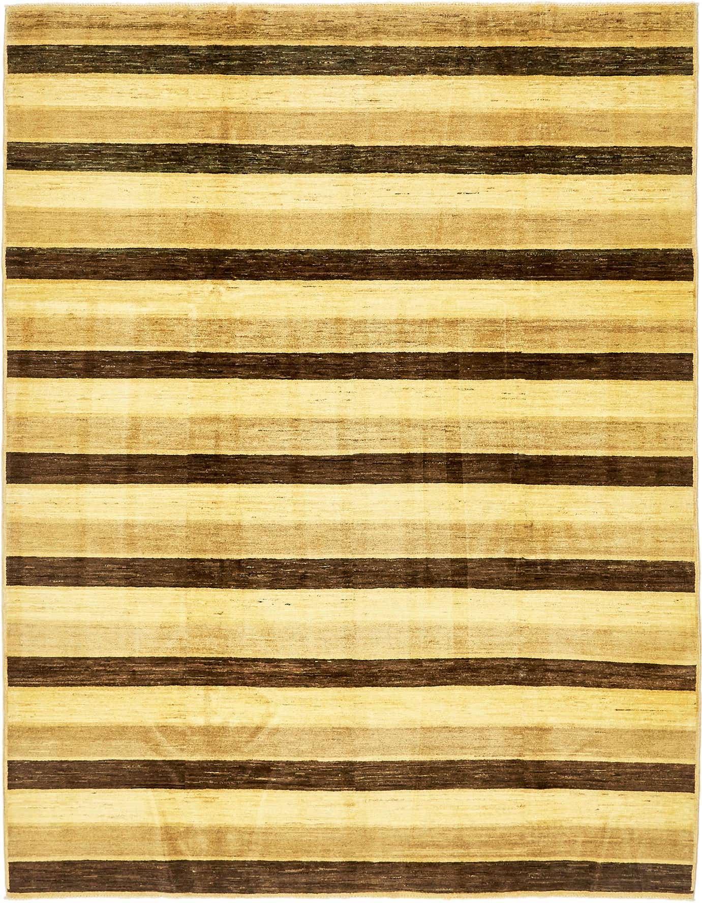 A 7x10 rectangular Modern Ziegler rug featuring horizontal stripes in varying shades of ivory, cream, and brown.