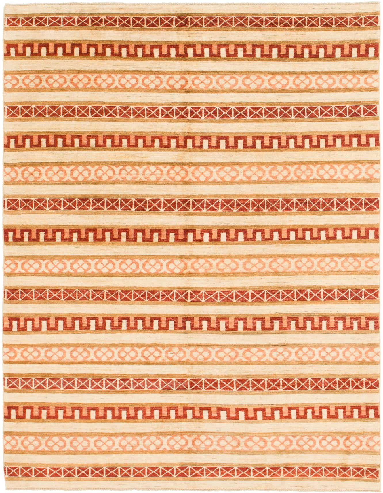 A 6x9 rectangular Modern Ziegler area rug featuring ivory, cream, and terracotta stripes with tribal patterns.