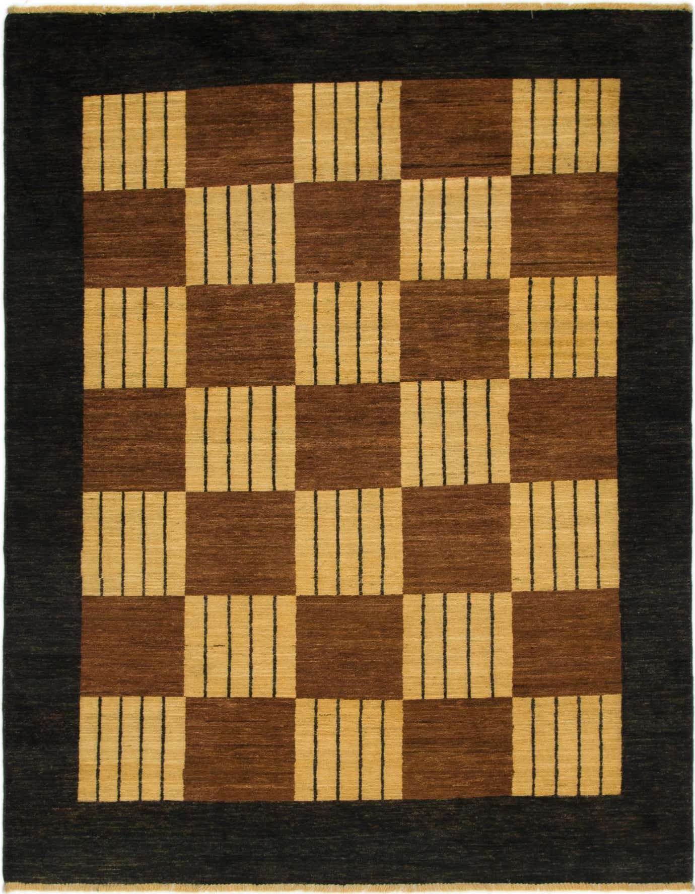 A 5x8 rectangular Modern Ziegler rug featuring a checkerboard pattern of ivory striped and solid brown squares, framed by a dark brown border.