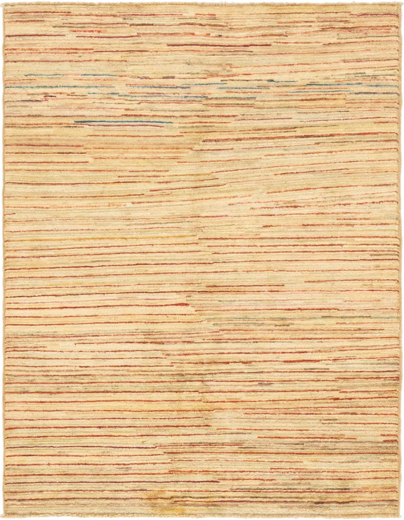 A 4x6 rectangular Modern Ziegler rug with a cream background and thin, horizontal red, orange, and blue stripes.
