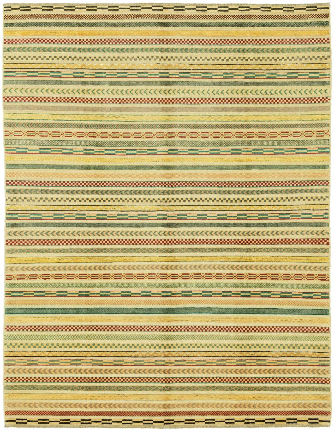 A 7x10 rectangular Modern Ziegler rug with varied stripes in ivory, cream, yellow, green, and red, featuring geometric patterns.