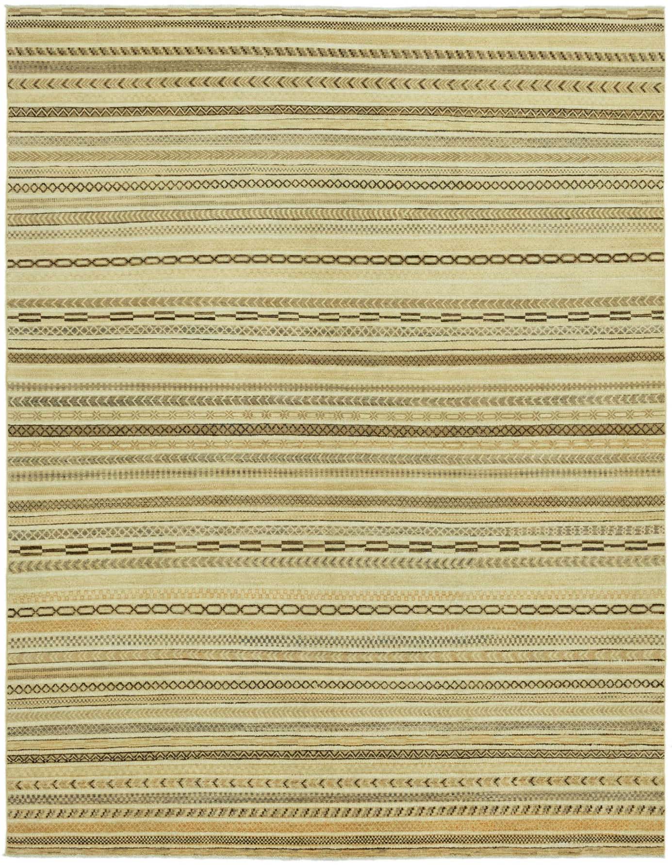 A 6x9 rectangular Modern Ziegler rug in ivories and creams, featuring varied horizontal stripes with geometric and tribal patterns.
