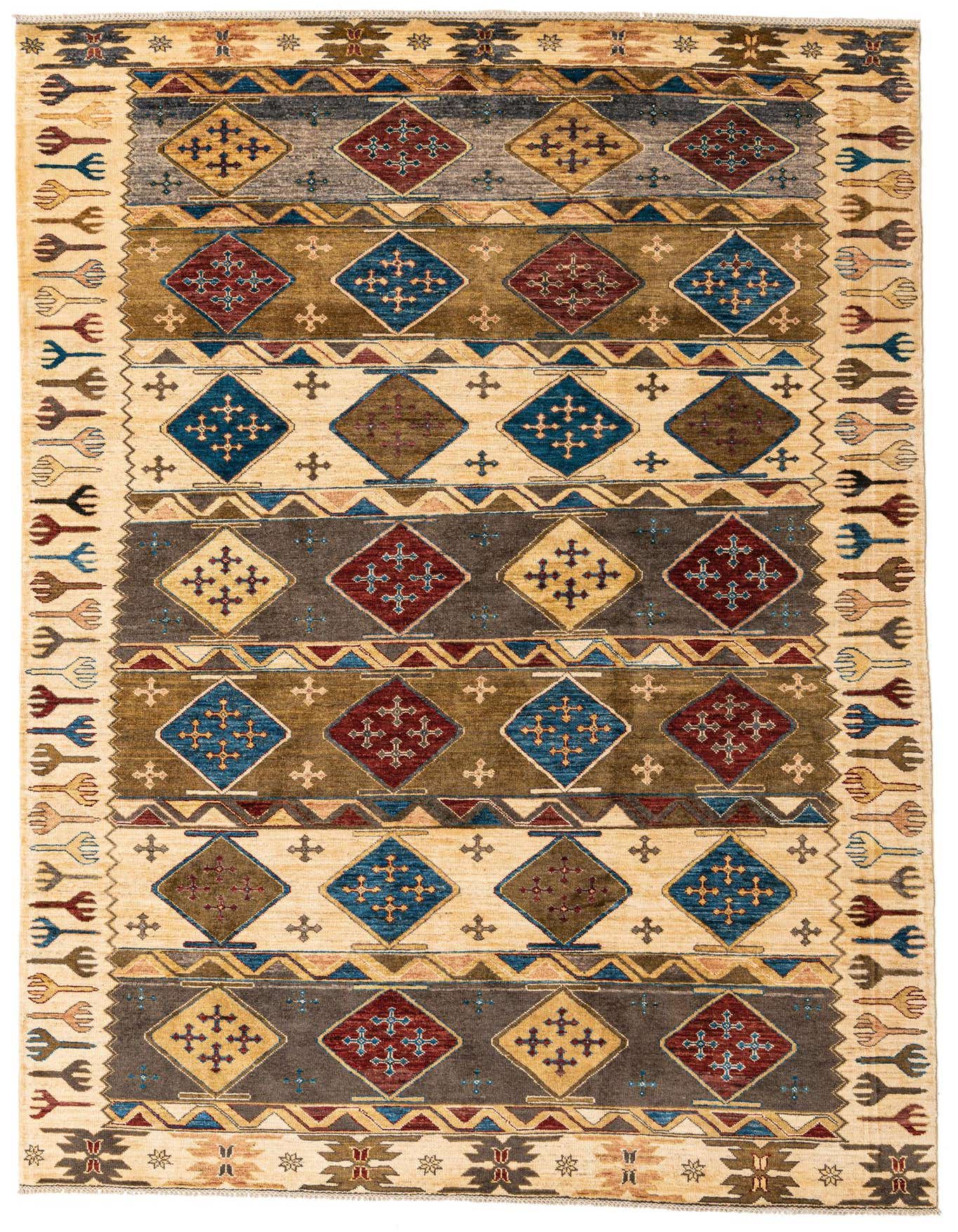 A 7x10 rectangular Modern Ziegler rug featuring a cream base with bold geometric patterns in blue, red, and brown.