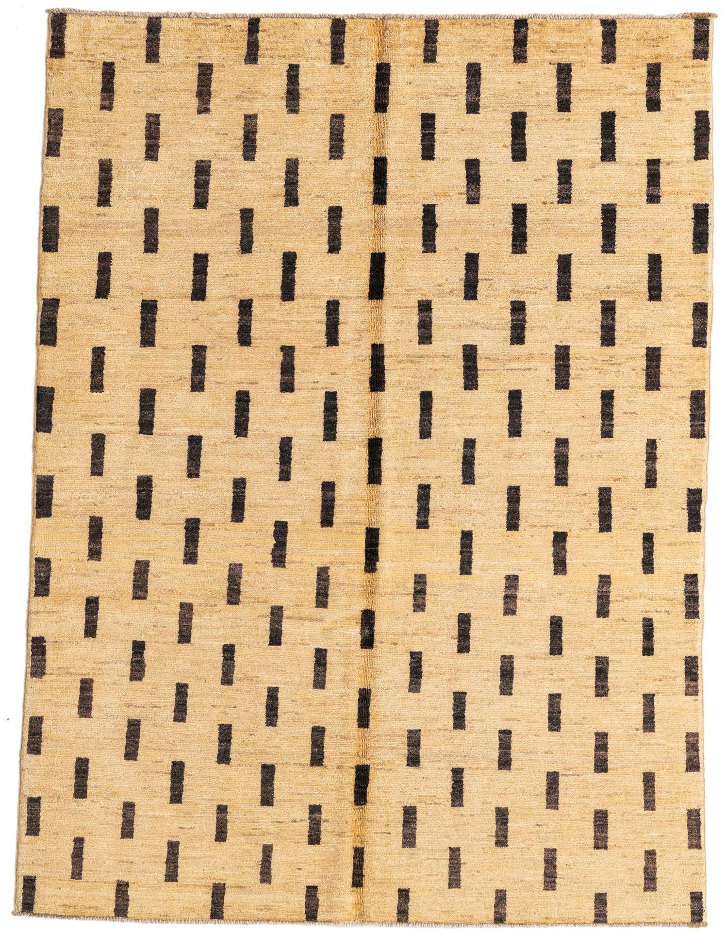 A 4x6 rectangular ivory area rug with an abstract pattern of short, vertical black dashes.
