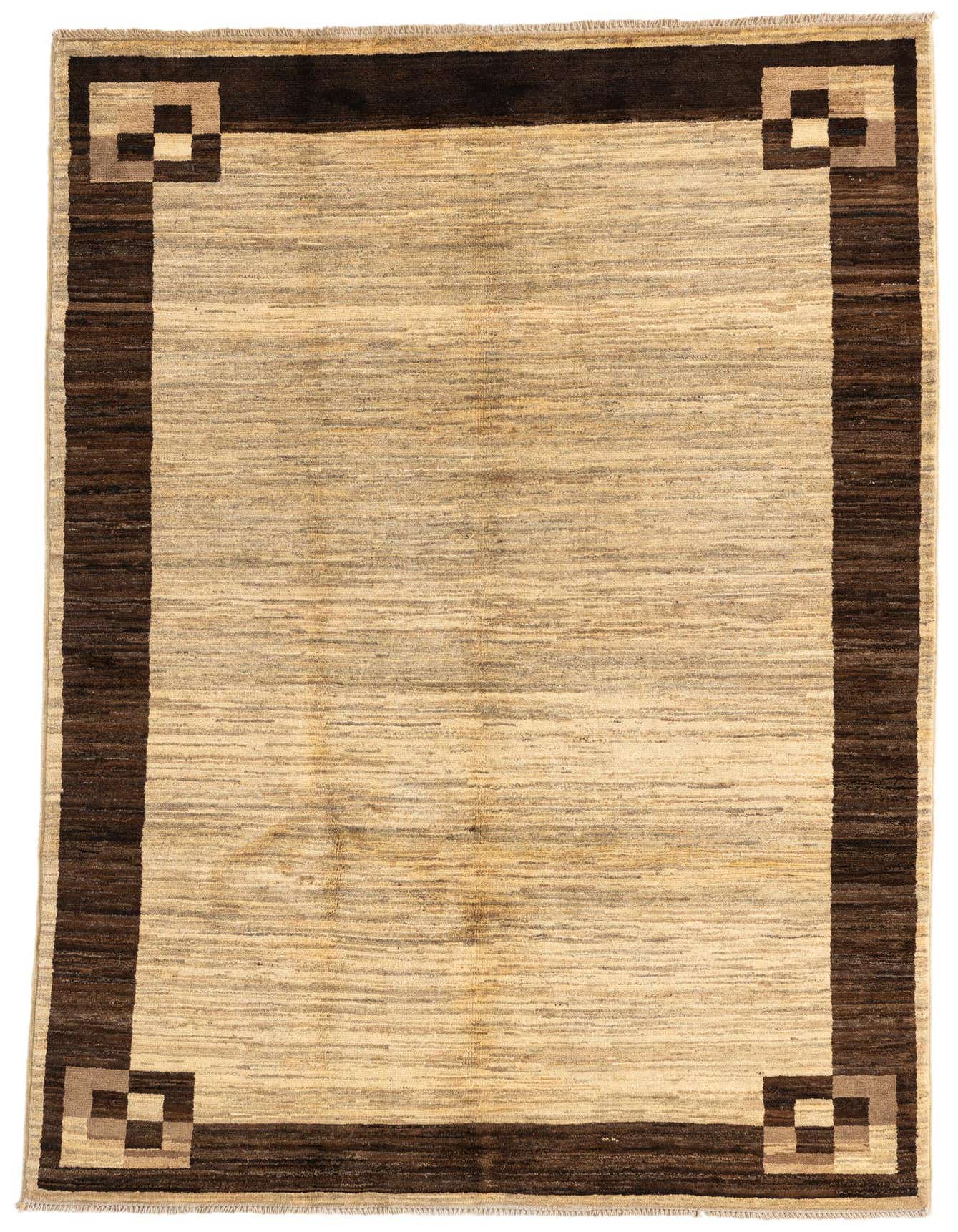 A 4x6 rectangular Modern Ziegler rug with an ivory field and a dark brown border featuring geometric corner accents.
