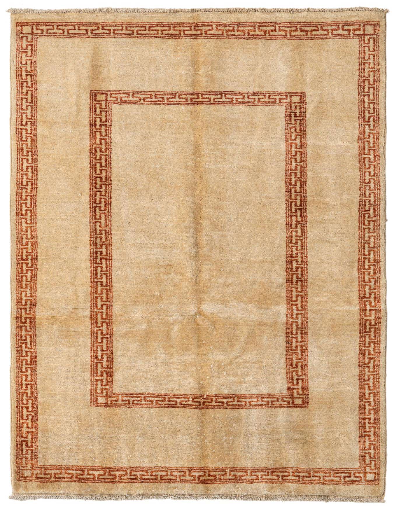 A 4x6 rectangular ivory Modern Ziegler rug featuring a subtle red-brown Greek key border pattern, suitable for a living room.