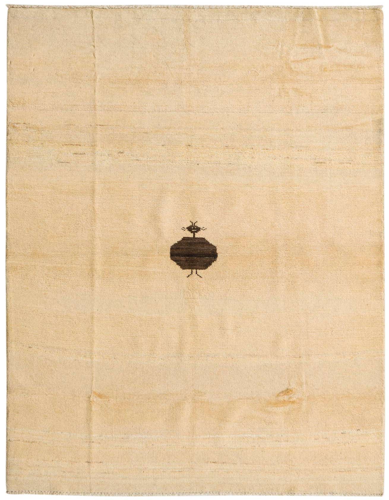 A 4x6 rectangular ivory modern Ziegler rug with a thin pile and a central dark brown abstract medallion.