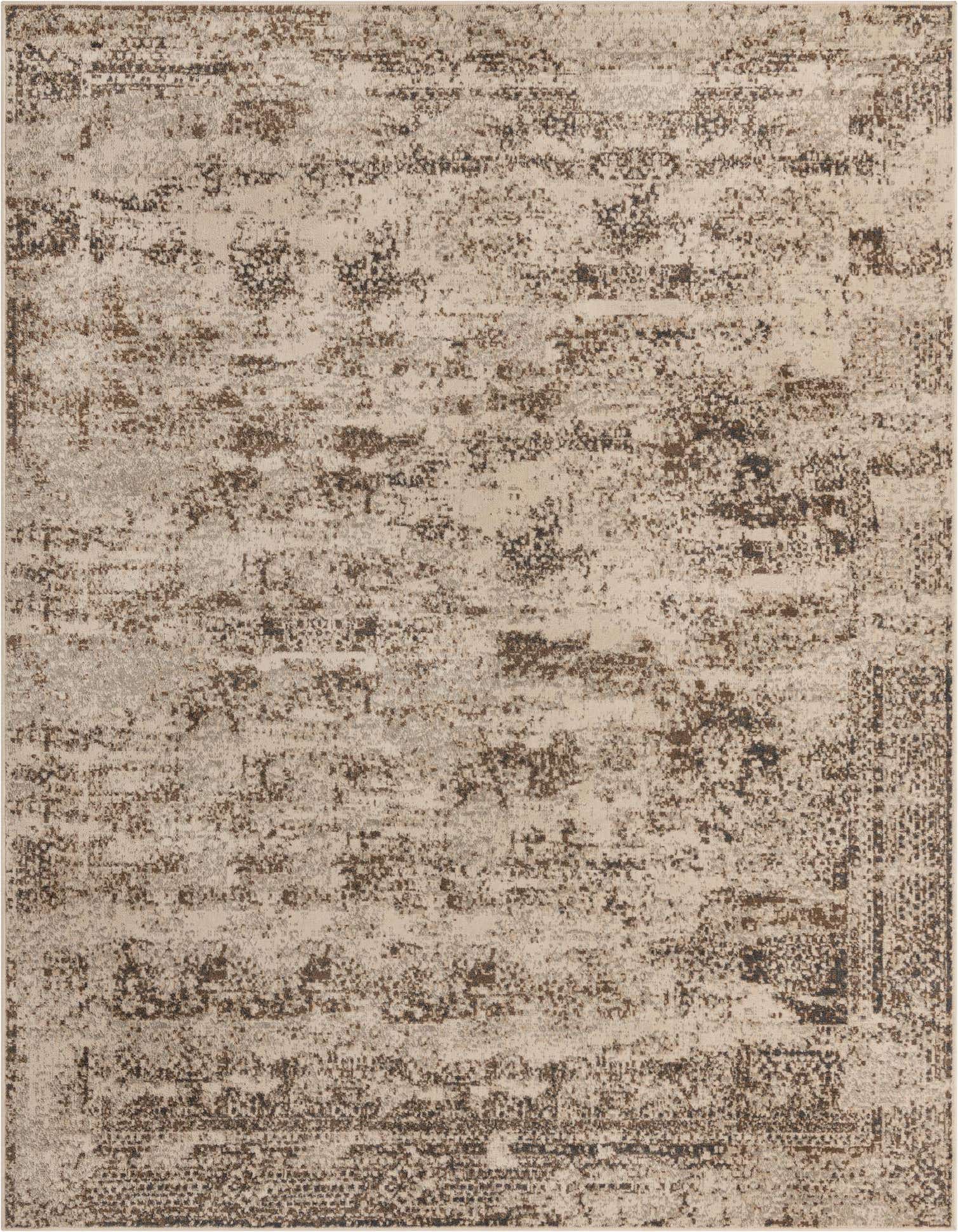 A 9x12 rectangular ivory and brown abstract area rug with a distressed, vintage-inspired pattern.