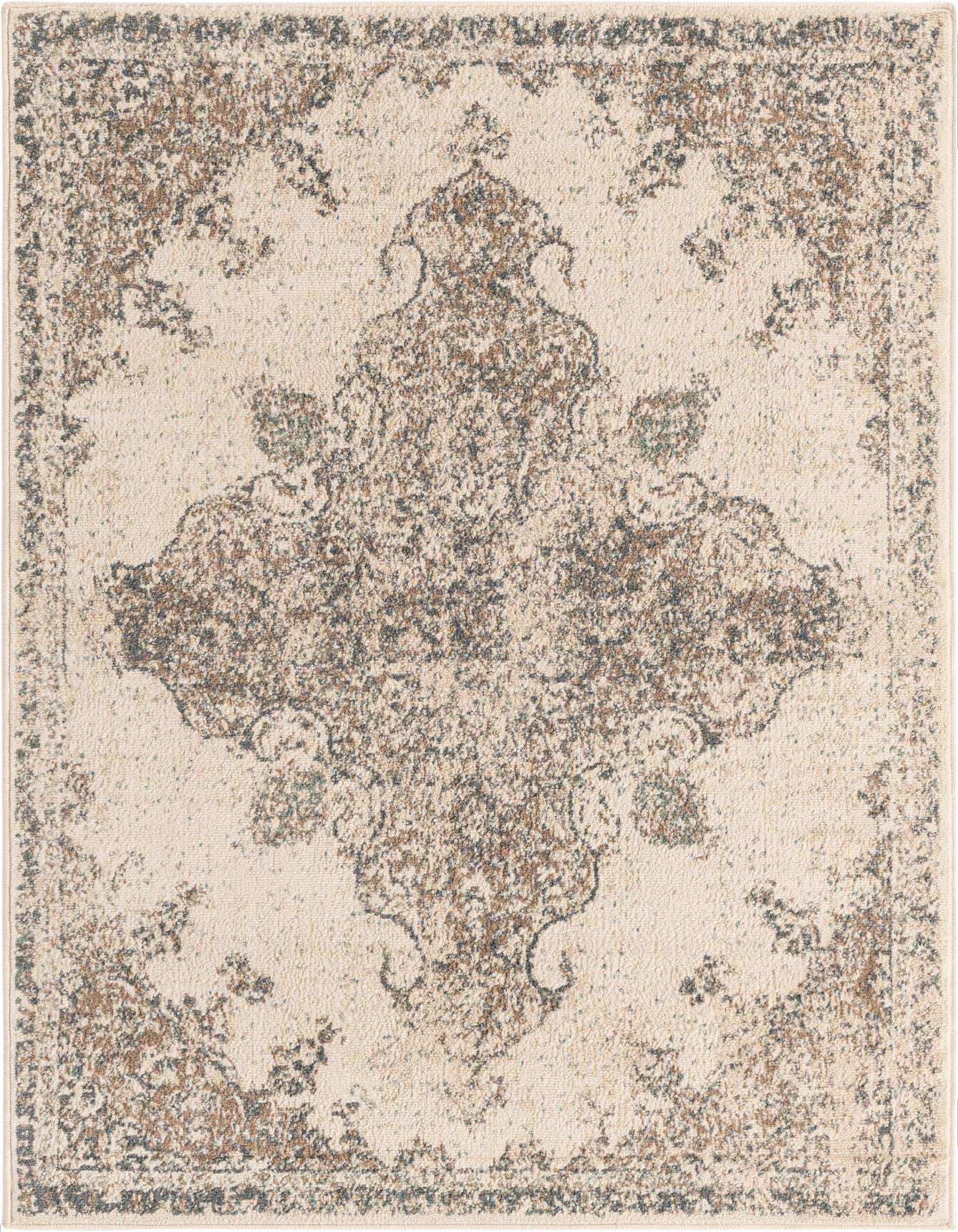 A 4x6 rectangular ivory area rug with a distressed traditional medallion and border pattern in brown and grey tones.