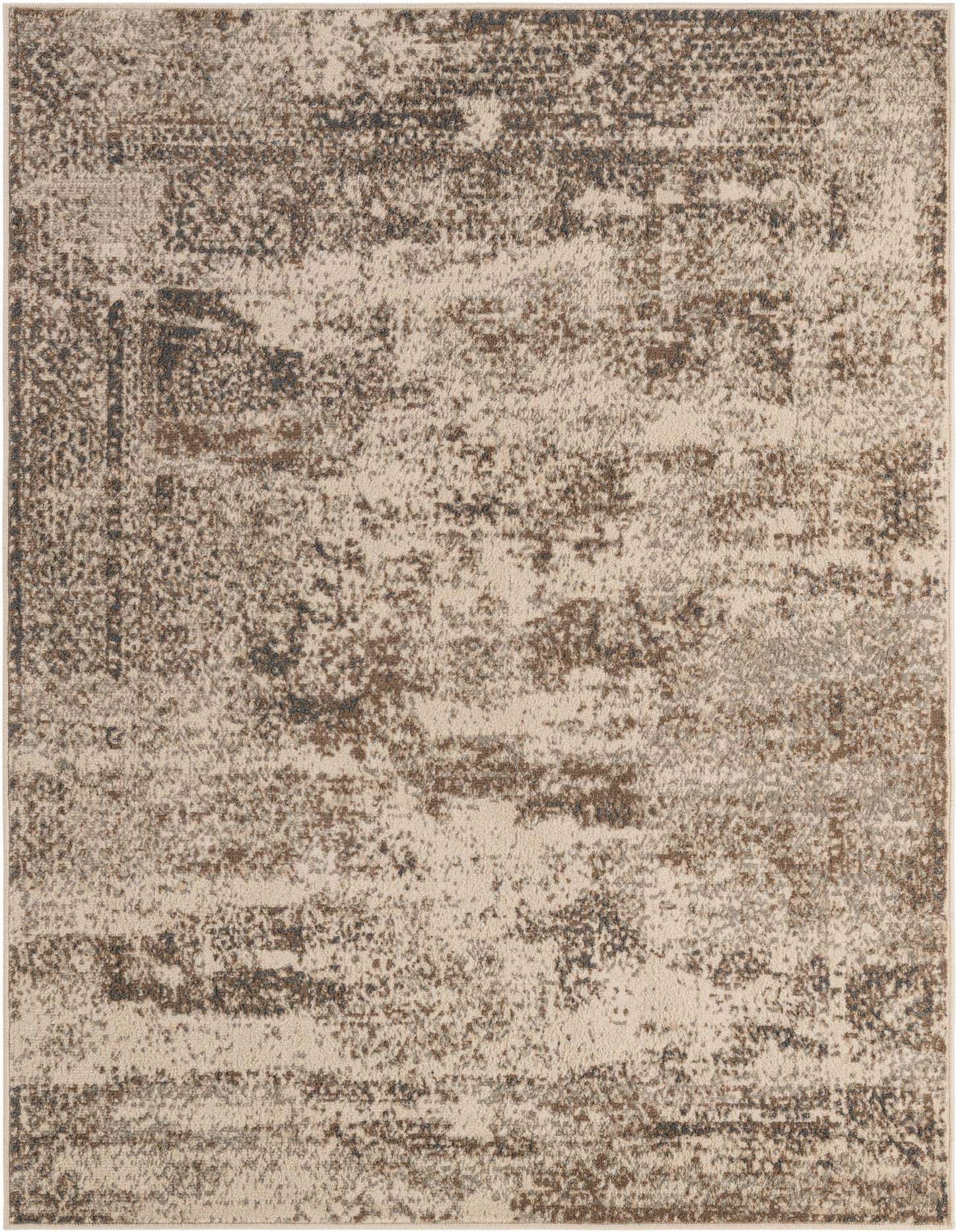 A 5x7 rectangular ivory and cream rug with a distressed, abstract vintage pattern, suitable for indoor spaces.