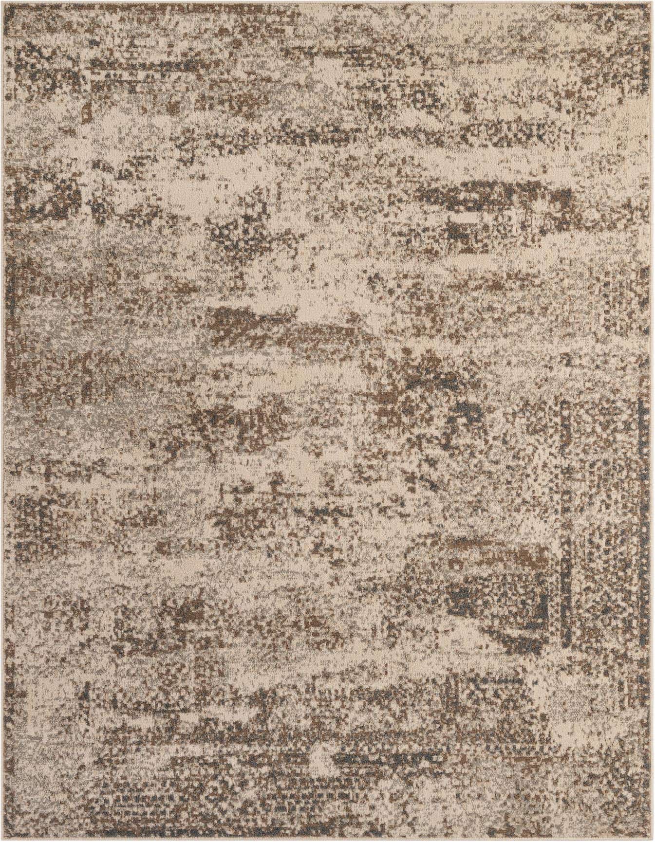 A 6x9 rectangular ivory and brown abstract rug with a distressed vintage pattern, ideal for a living room.