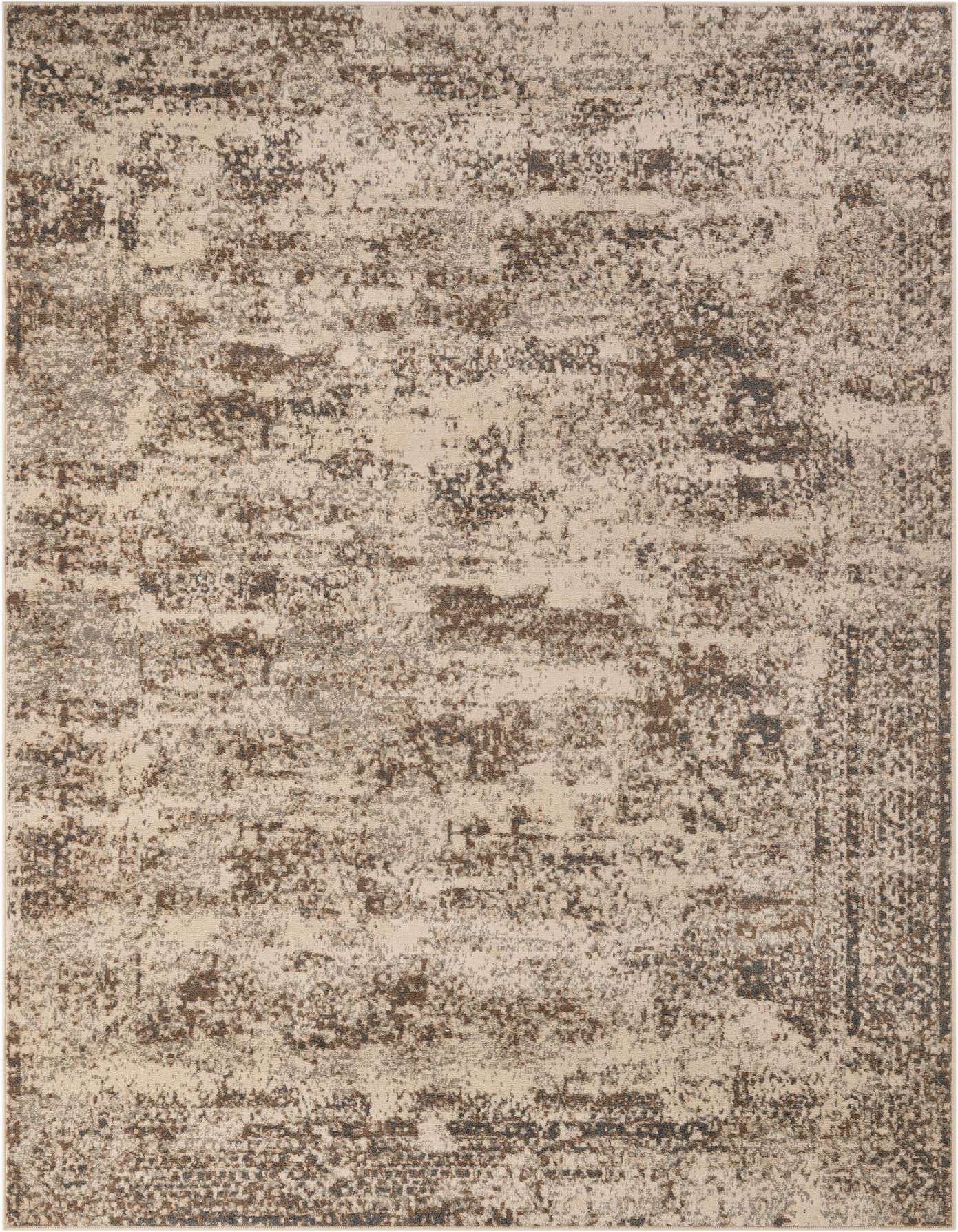 A 7x10 rectangular ivory and brown abstract rug with a distressed vintage pattern, ideal for a living room.