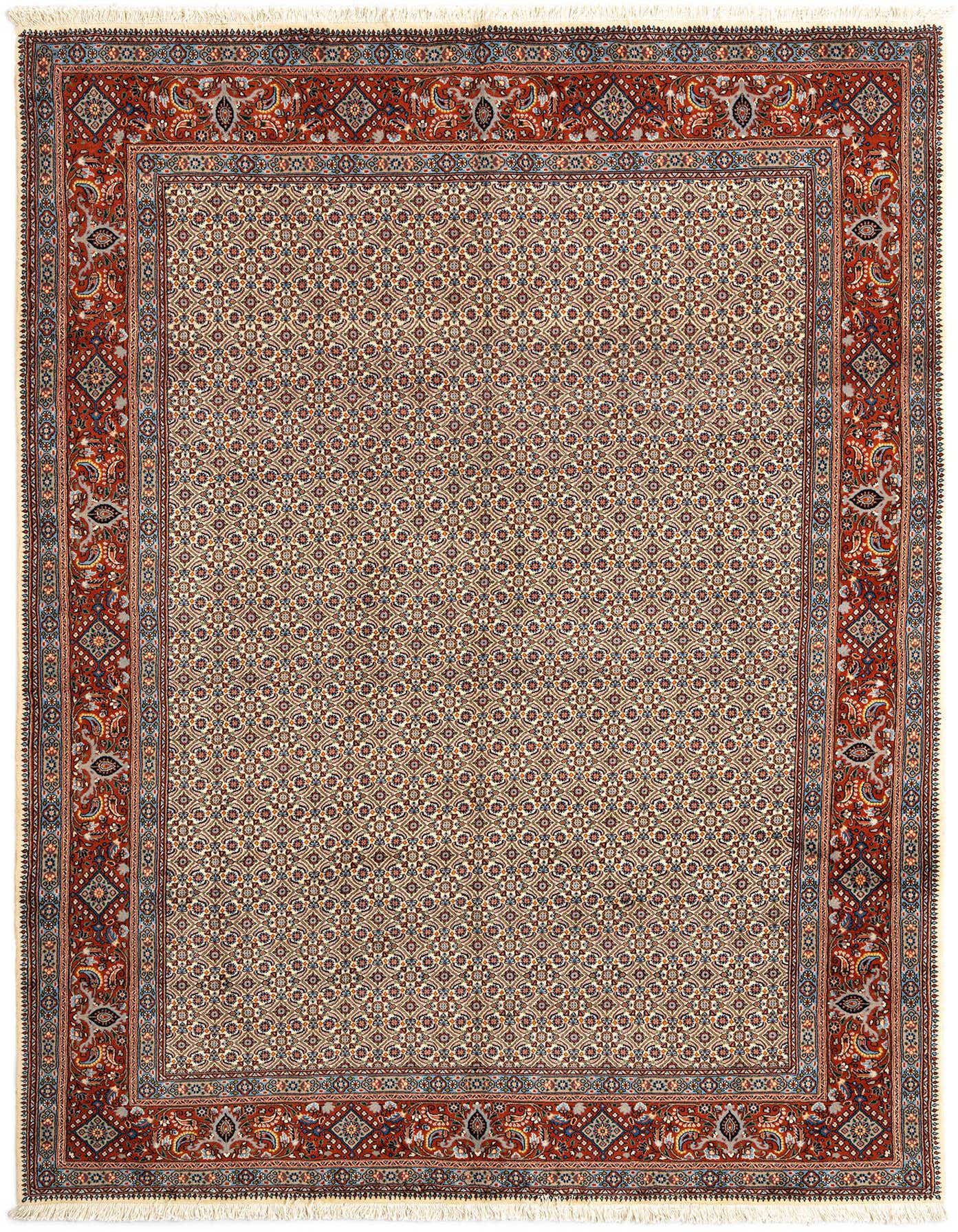 A 6x9 rectangular Persian rug with an ivory and cream field featuring a detailed floral pattern, bordered by a rich rust-red design.