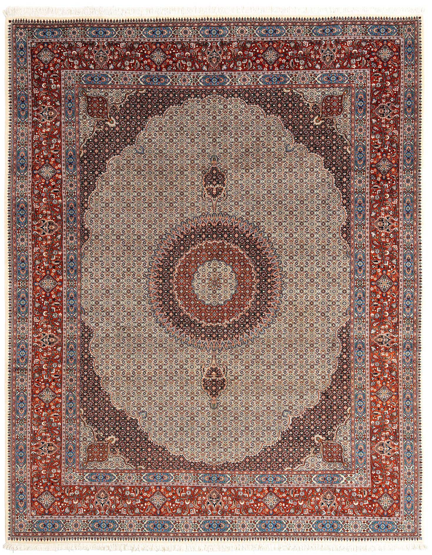 A rectangular 10x13 Persian rug with an ivory field and a central medallion, framed by a detailed red border.