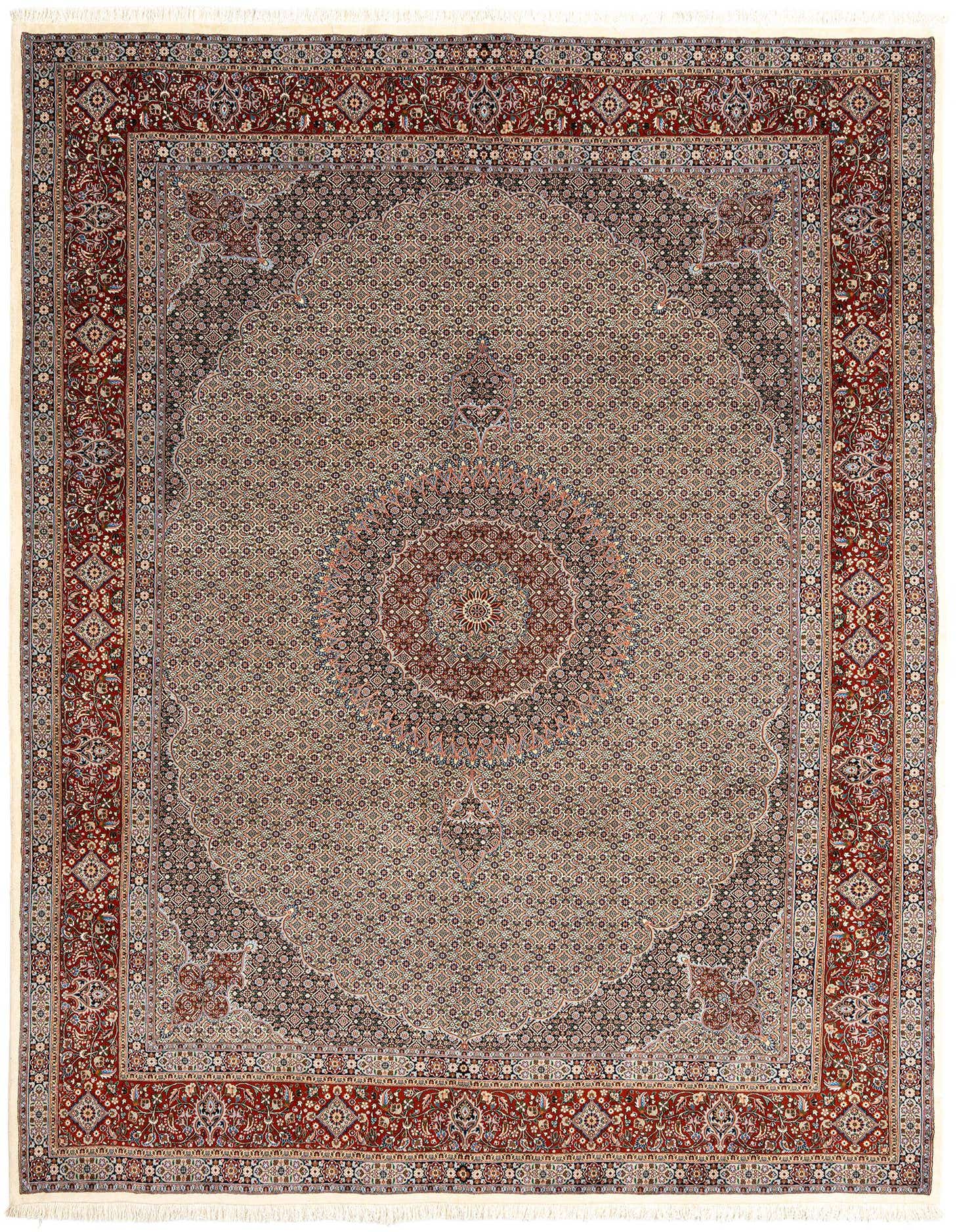 A large 10x13 rectangular Mood Persian rug in ivories and creams with a detailed central medallion and red border.