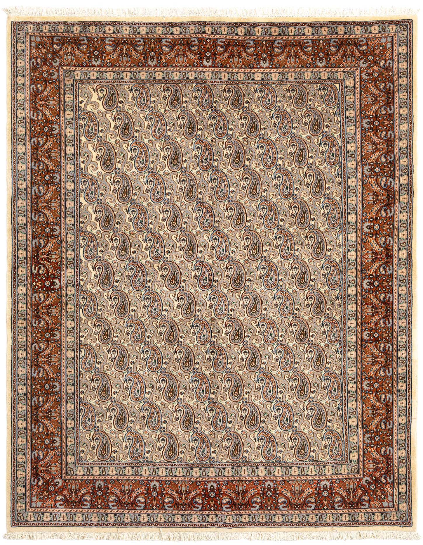 A rectangular 5x8 ivory Persian wool rug with a repeating paisley pattern and a wide rust-colored border.