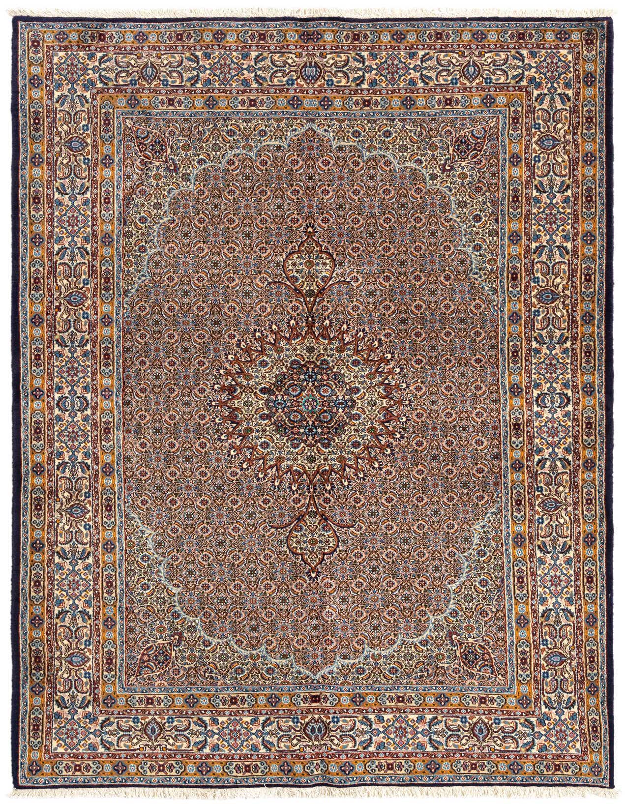 A 5x8 rectangular ivory Persian wool rug with intricate floral patterns and a central medallion, perfect for a living room.