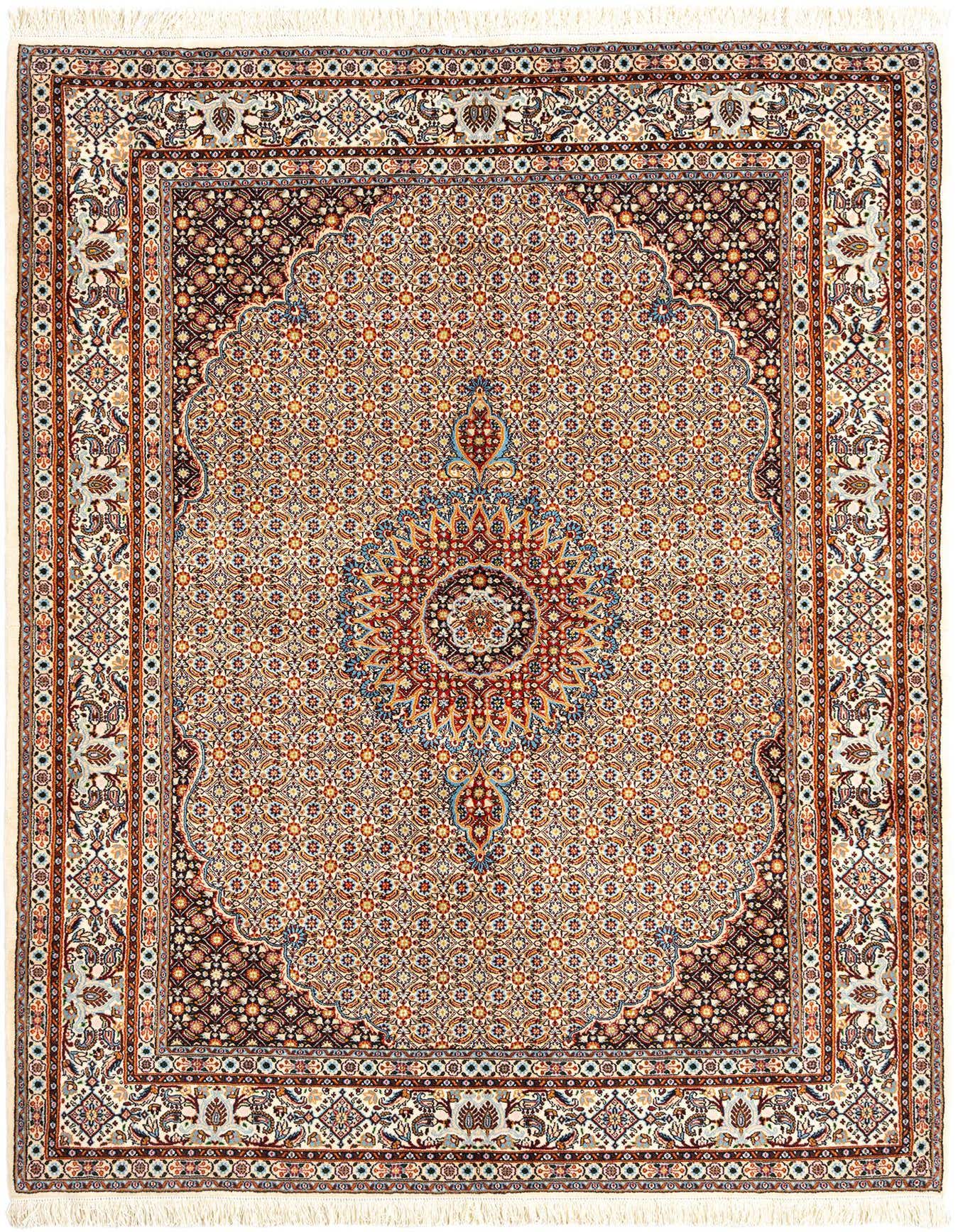A 5x8 rectangular ivory Persian rug with a detailed floral medallion pattern and intricate border, handmade from wool.