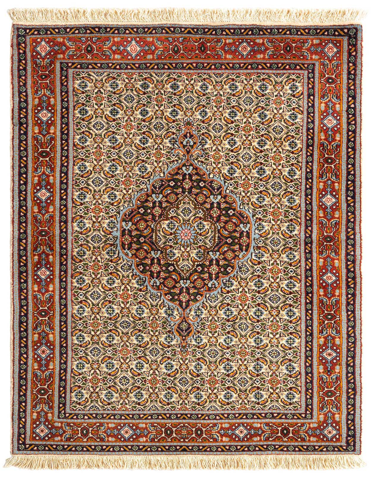 A 3x5 rectangular Mood Collection Persian rug in ivory and cream with intricate traditional patterns and a central medallion.