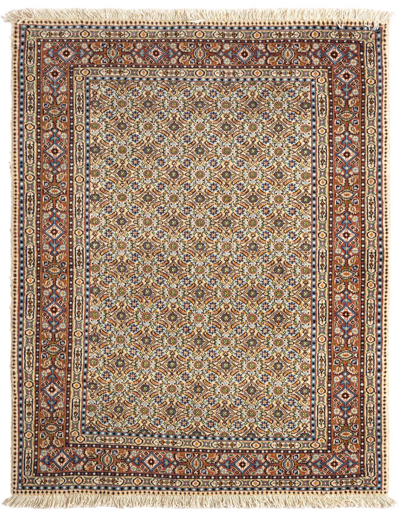 A 3x5 rectangular Mood Persian rug in ivory and cream, featuring intricate floral and geometric patterns with a detailed border, suitable for an entryway.