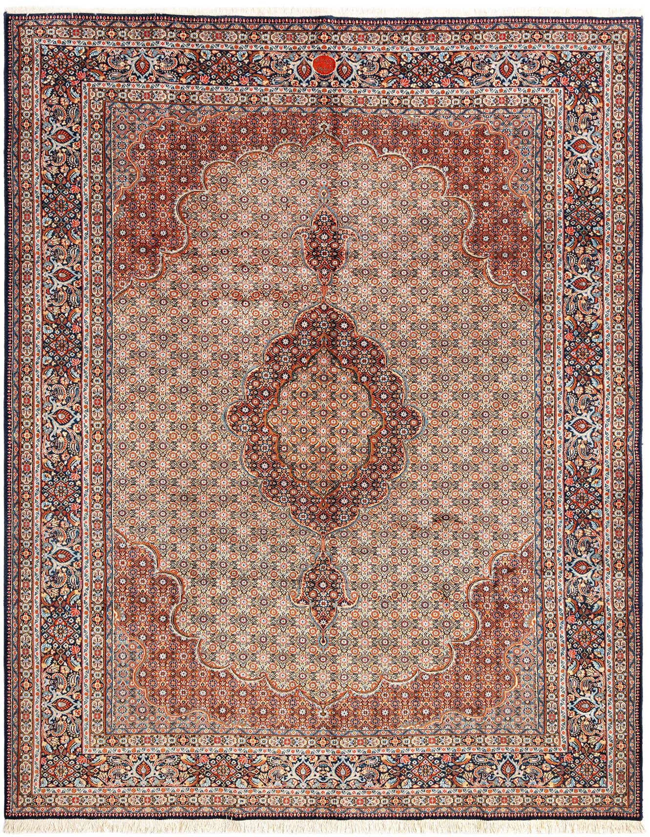 A 6x9 rectangular Persian rug with a cream background, intricate floral medallion, and rust-colored border.