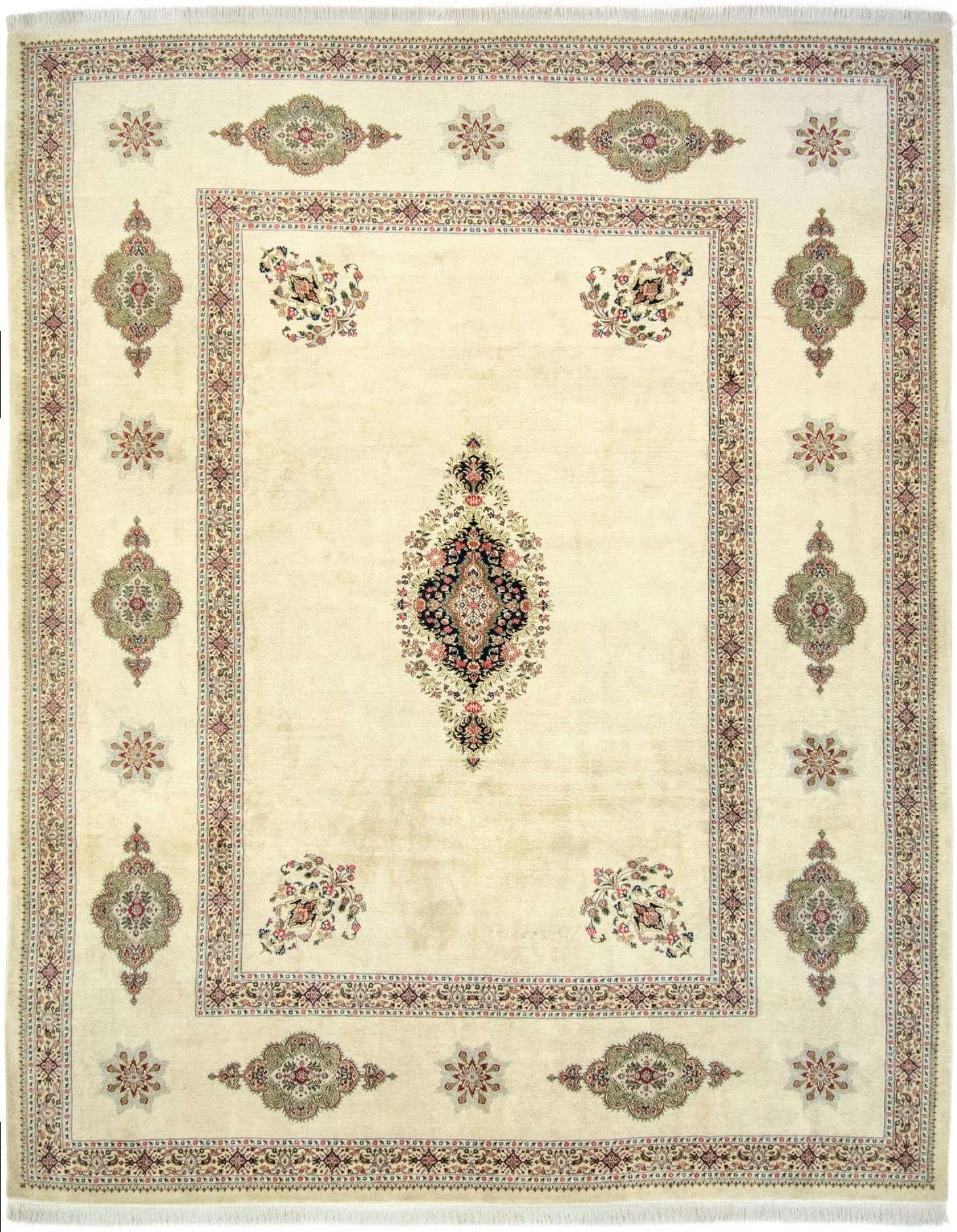 A 9x12 rectangular ivory Persian rug with intricate floral medallions and borders, ideal for a living room.