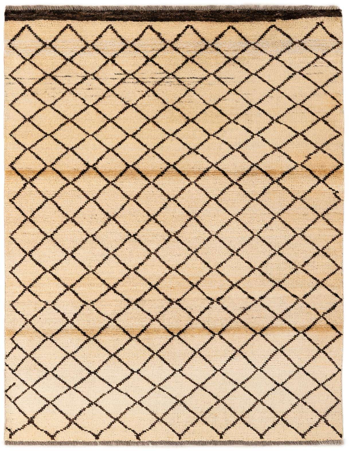 A 4x6 rectangular ivory Moroccan rug with a tribal diamond pattern in dark brown, suitable for a living room.