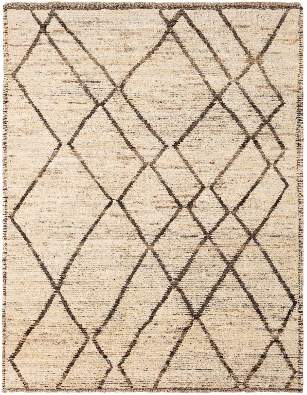 A 4x6 rectangular ivory wool rug with a tribal diamond pattern in dark brown, suitable for a living room.