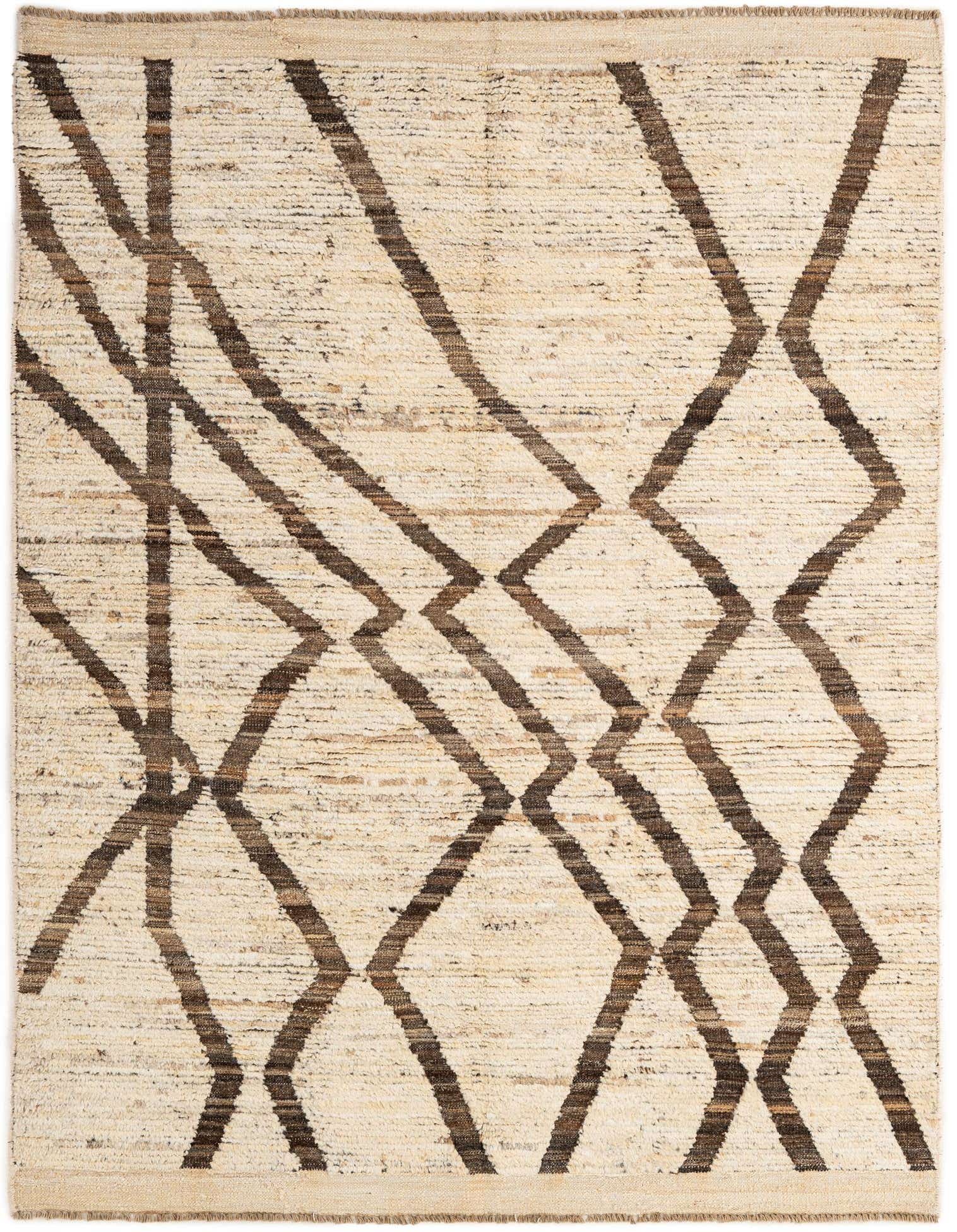 A 5x7 rectangular ivory wool rug with a tribal geometric pattern of intersecting dark brown lines, suitable for an indoor living space.