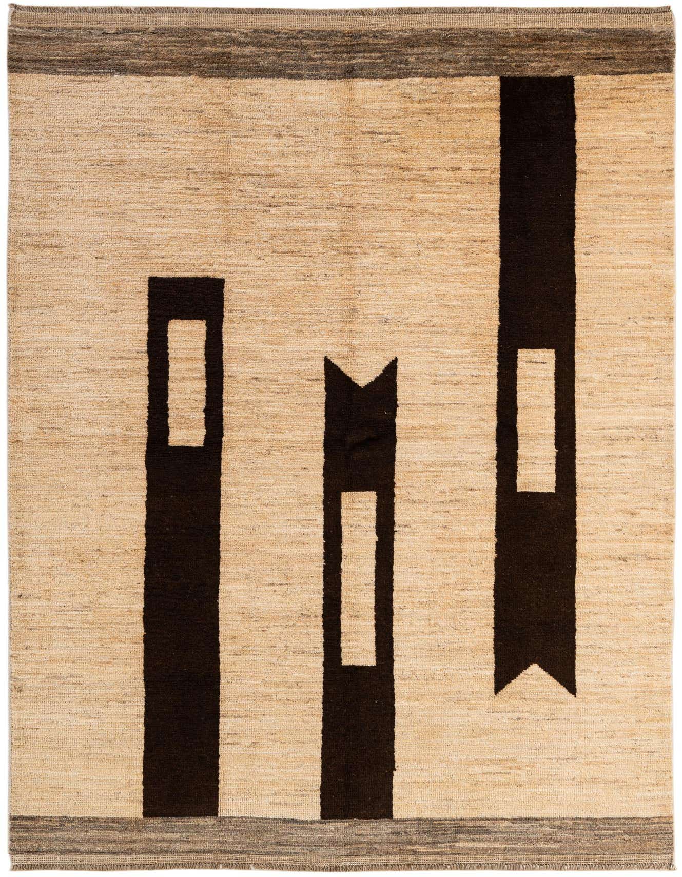 A 5x8 rectangular ivory wool rug with three abstract black vertical tribal patterns and a dark gray border.