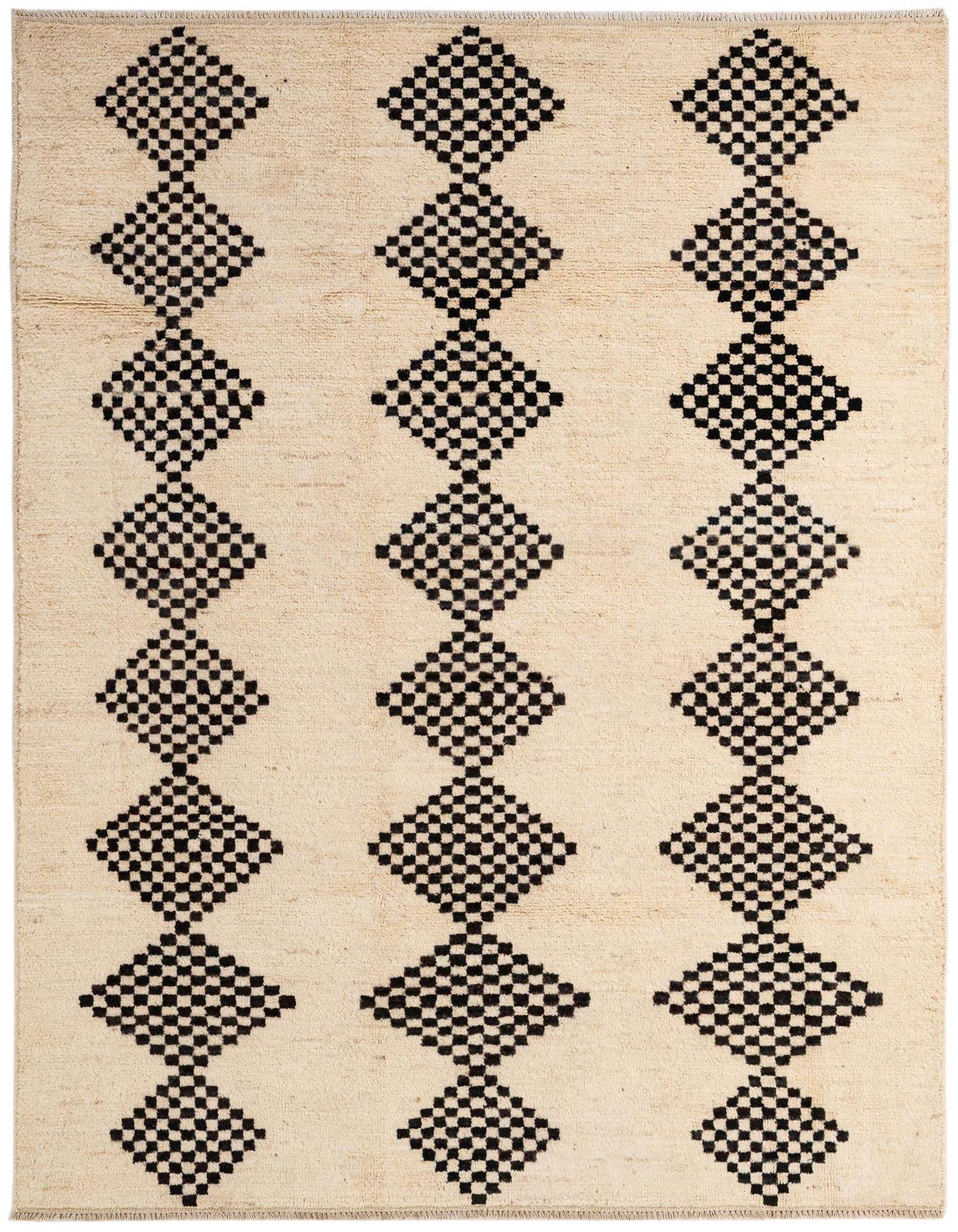 A 5x8 rectangular ivory wool rug with three vertical columns of black checkerboard diamond patterns, perfect for a modern living room.